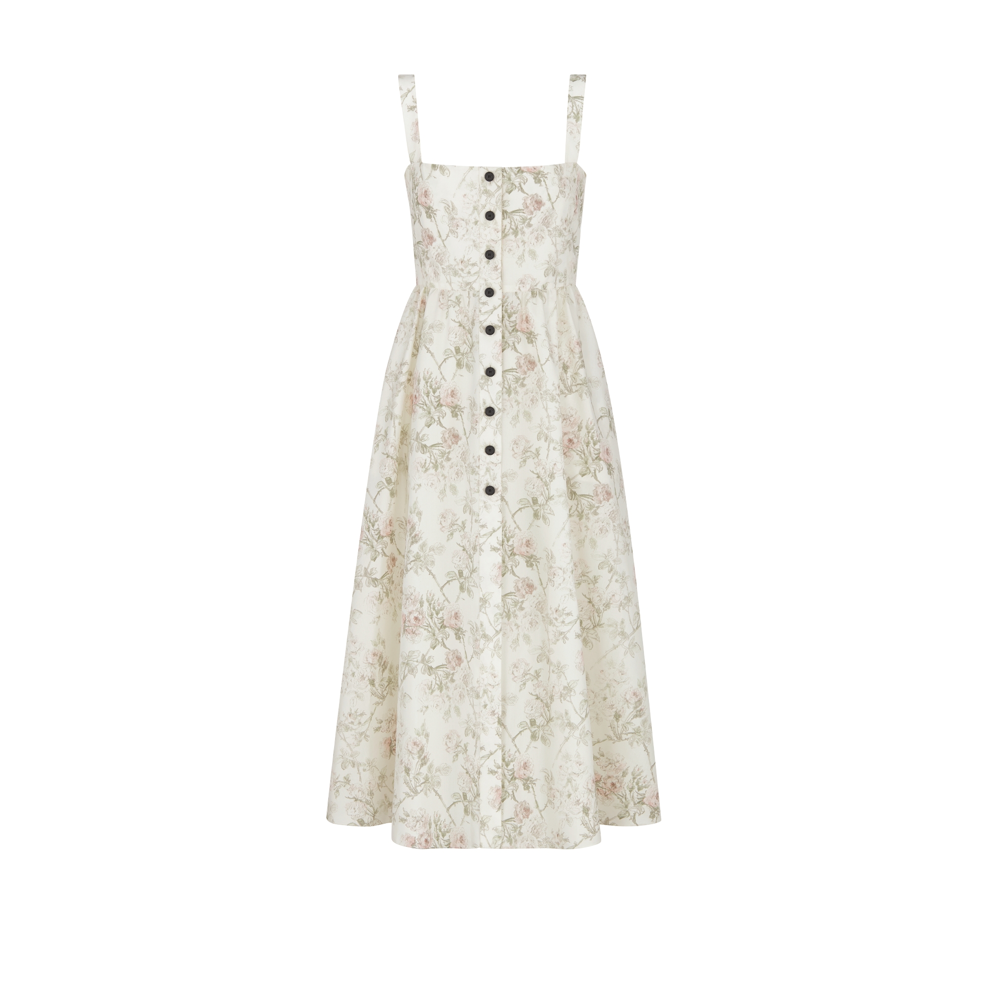 Mid-Length Flared Dress White Cotton and Silk Poplin with Multicolor Rosier de Dior Motif E01