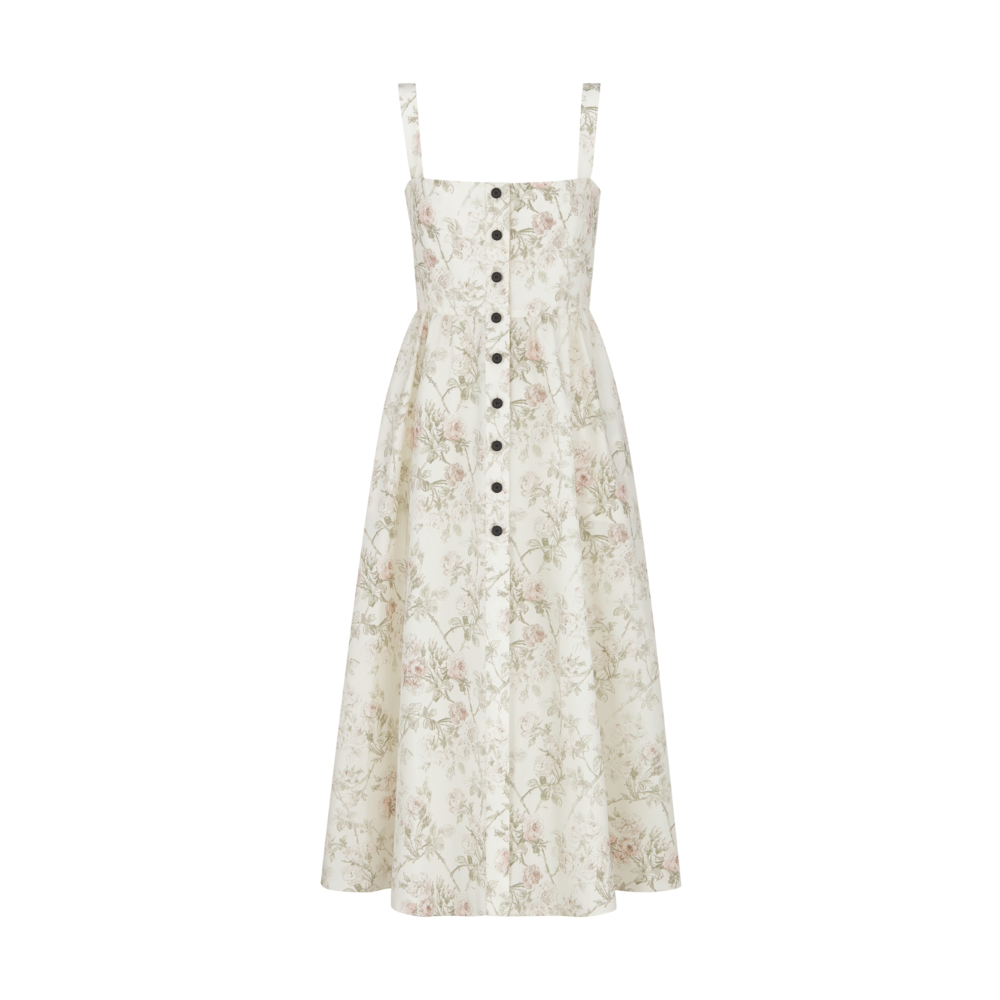 Mid-Length Flared Dress White Cotton and Silk Poplin with Multicolor Rosier de Dior Motif E01