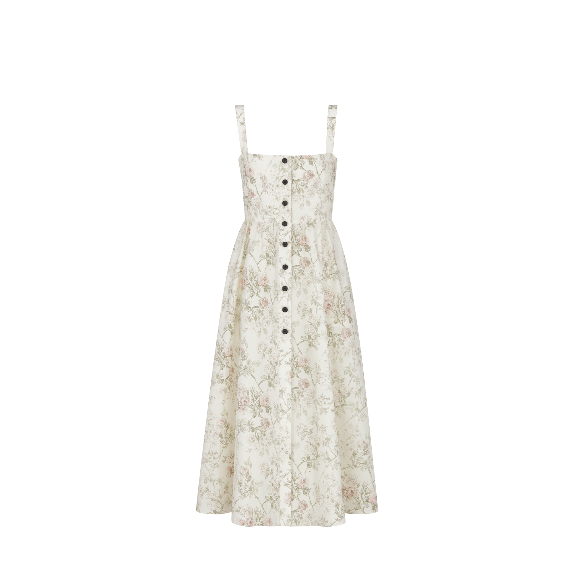 Mid-Length Flared Dress White Cotton and Silk Poplin with Multicolor Rosier de Dior Motif E01