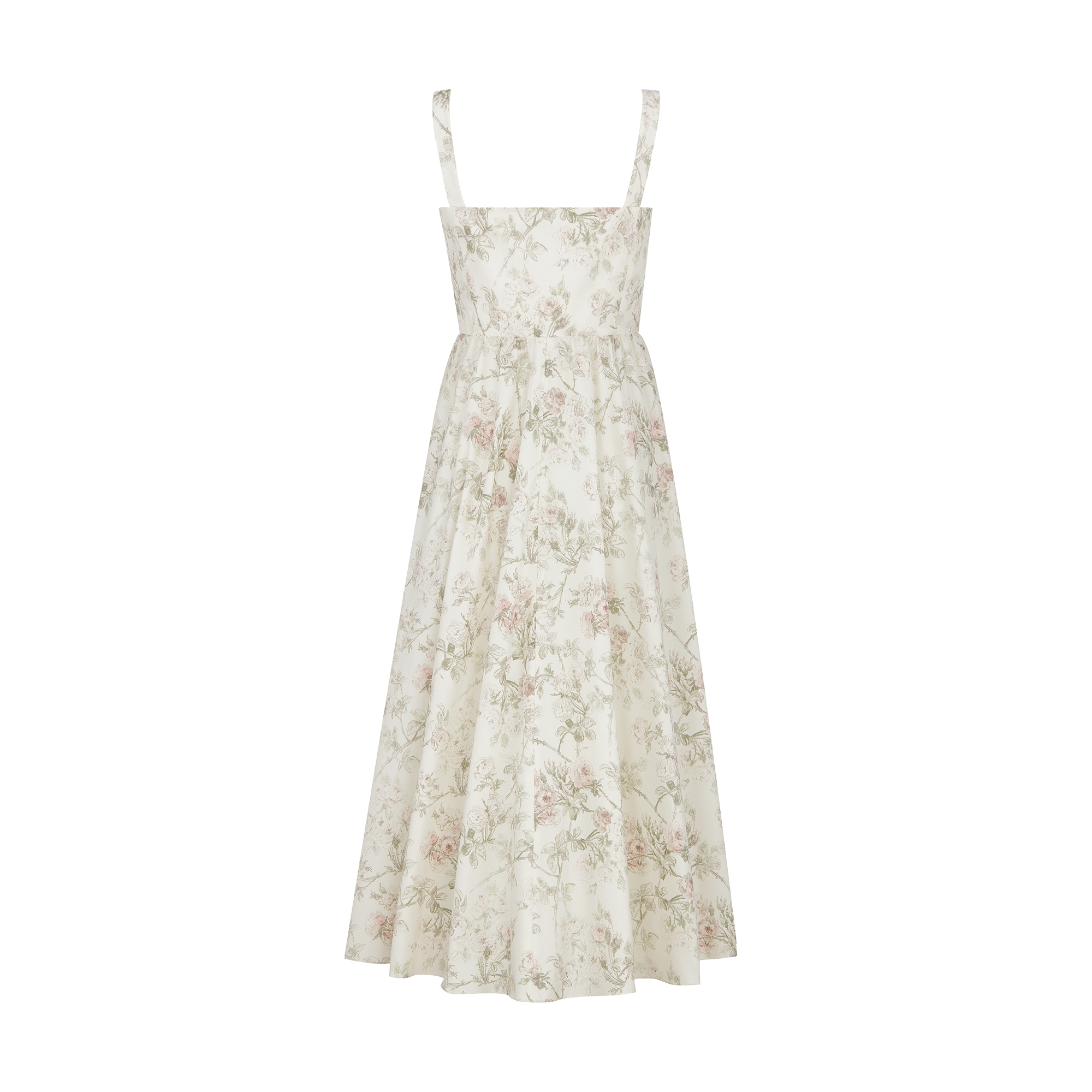 Mid-Length Flared Dress White Cotton and Silk Poplin with Multicolor Rosier de Dior Motif E08