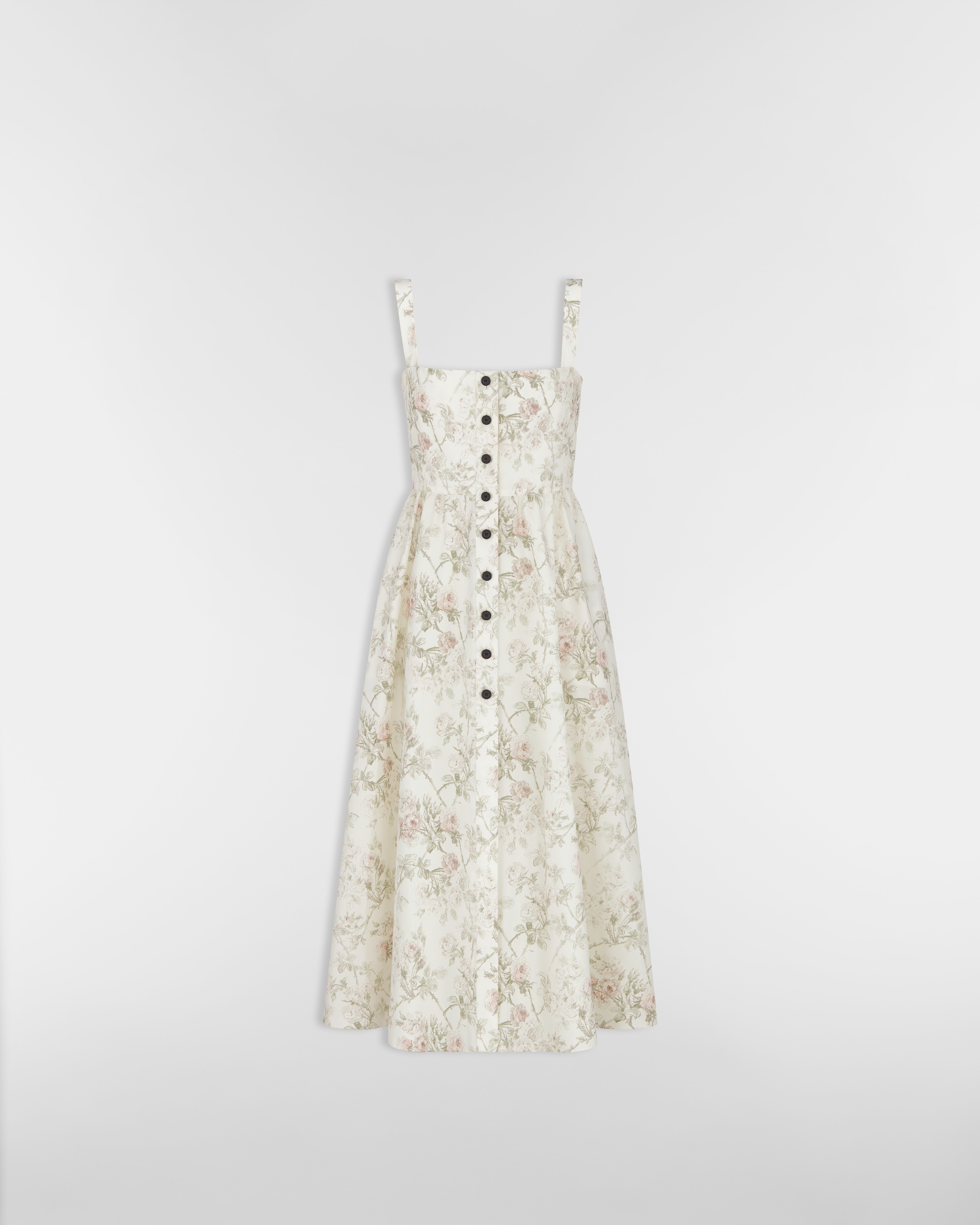 Mid-Length Flared Dress White Cotton and Silk Poplin with Multicolor Rosier de Dior Motif E01