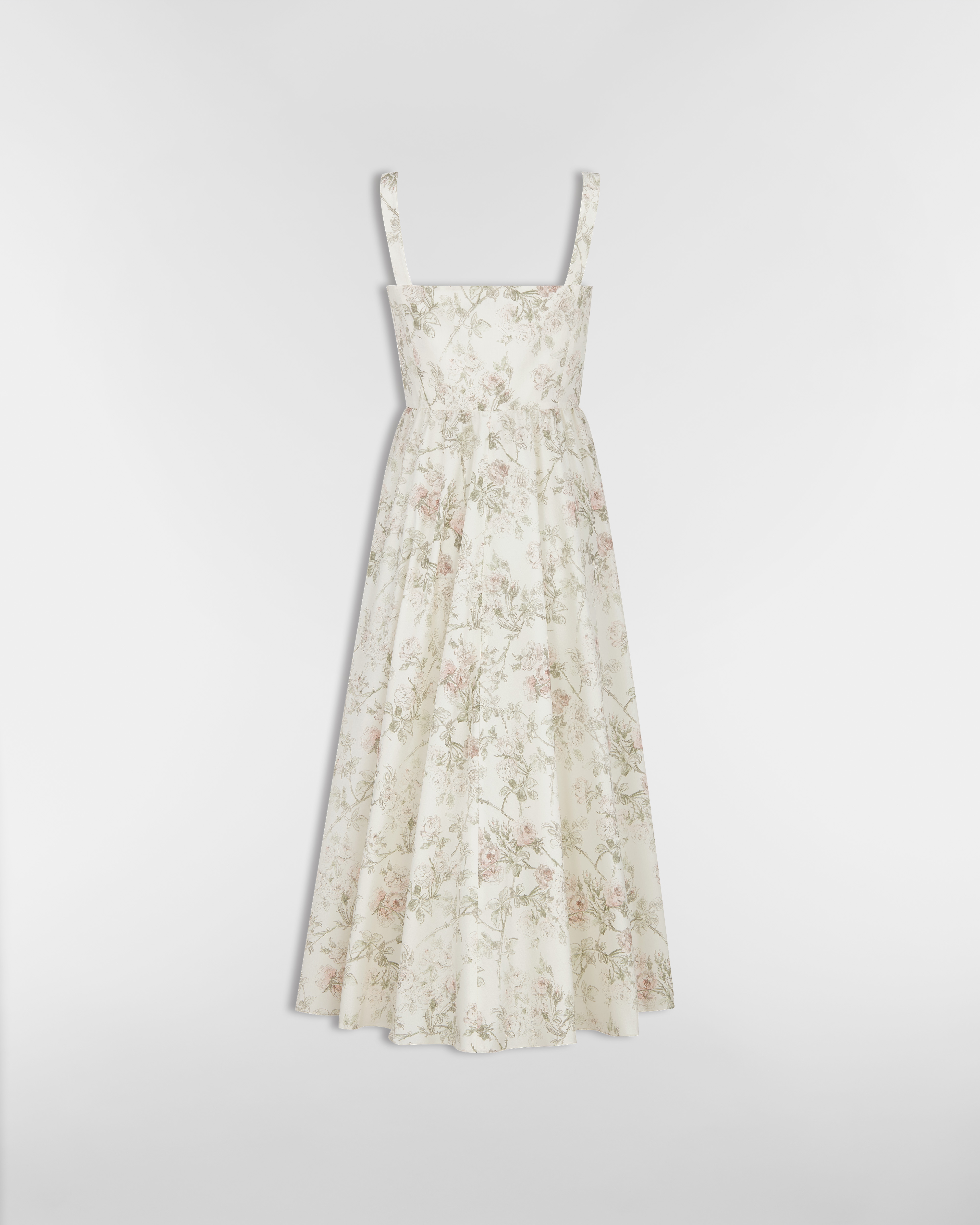 Abito midi svasato Popeline di cotone e seta bianca con motivo Rosier de Dior multicolore E08