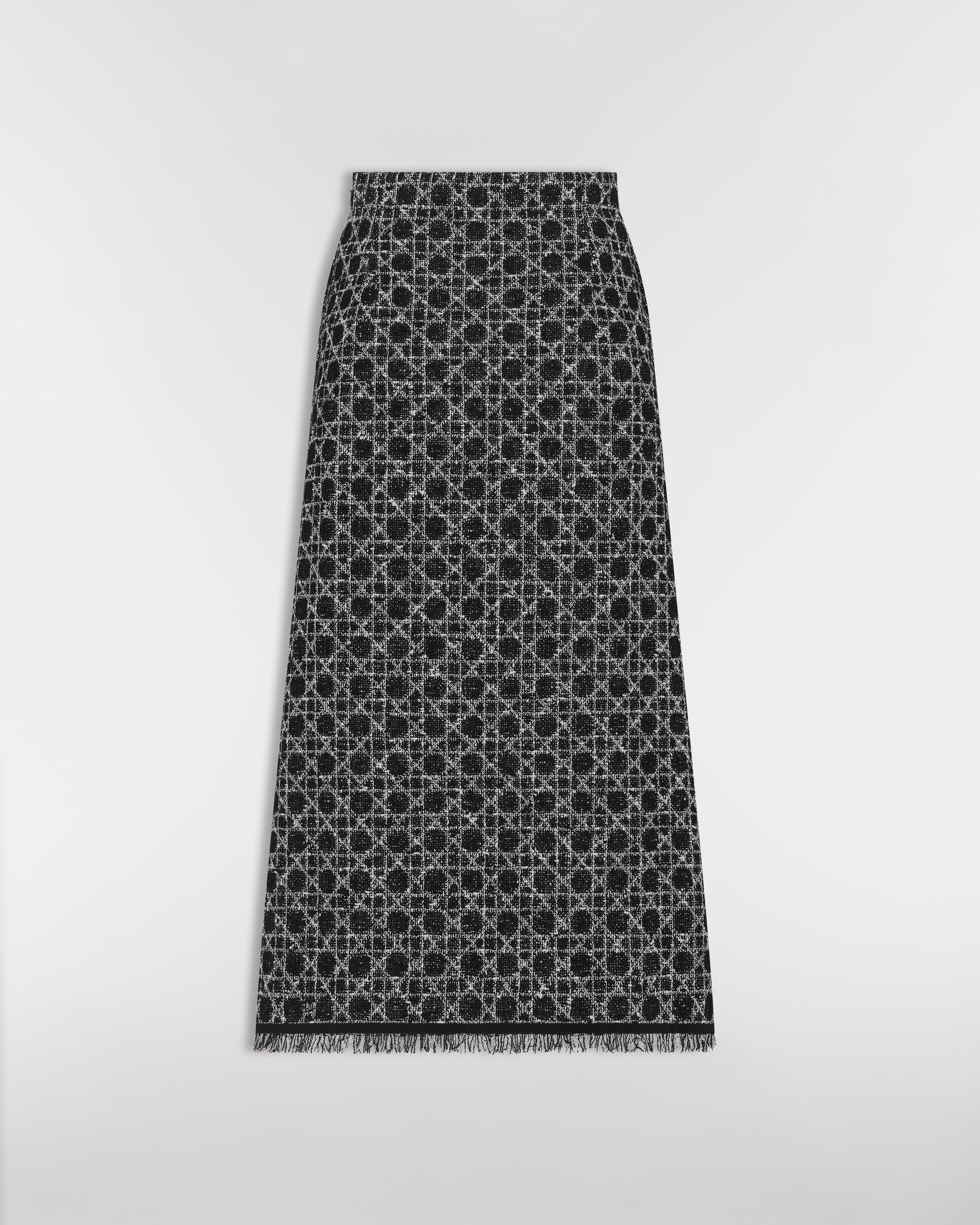 Mid-Length Macrocannage Flared Skirt Black and White Cotton-Blend Tweed Knit E08