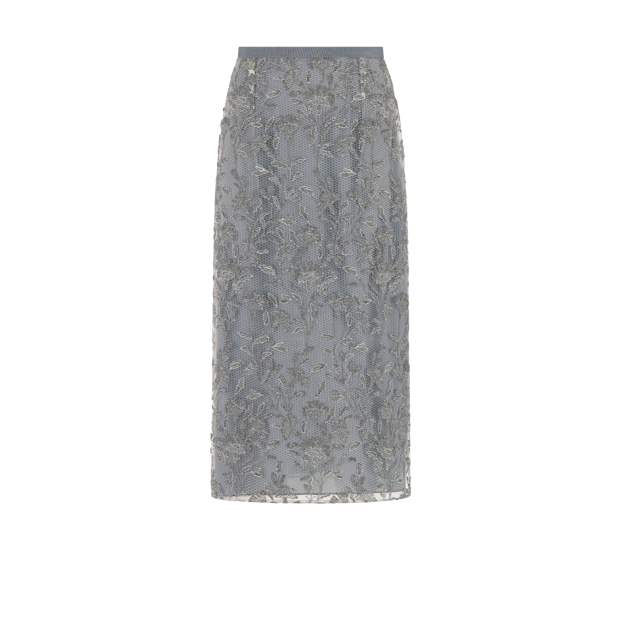 Mid-Length Regular-Fit Embroidered Skirt White Mesh with Beige Millefiori Motif E01