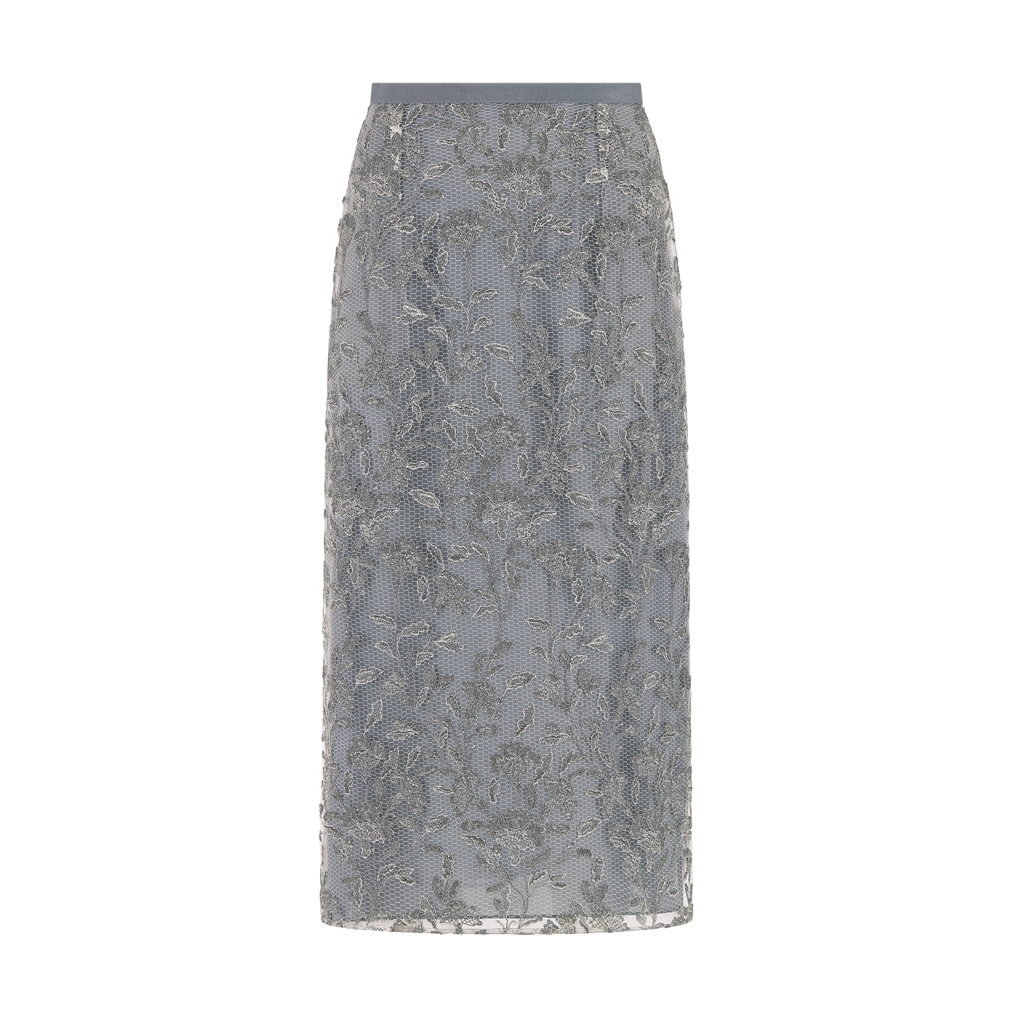 Mid-Length Regular-Fit Embroidered Skirt White Mesh with Beige Millefiori Motif E01