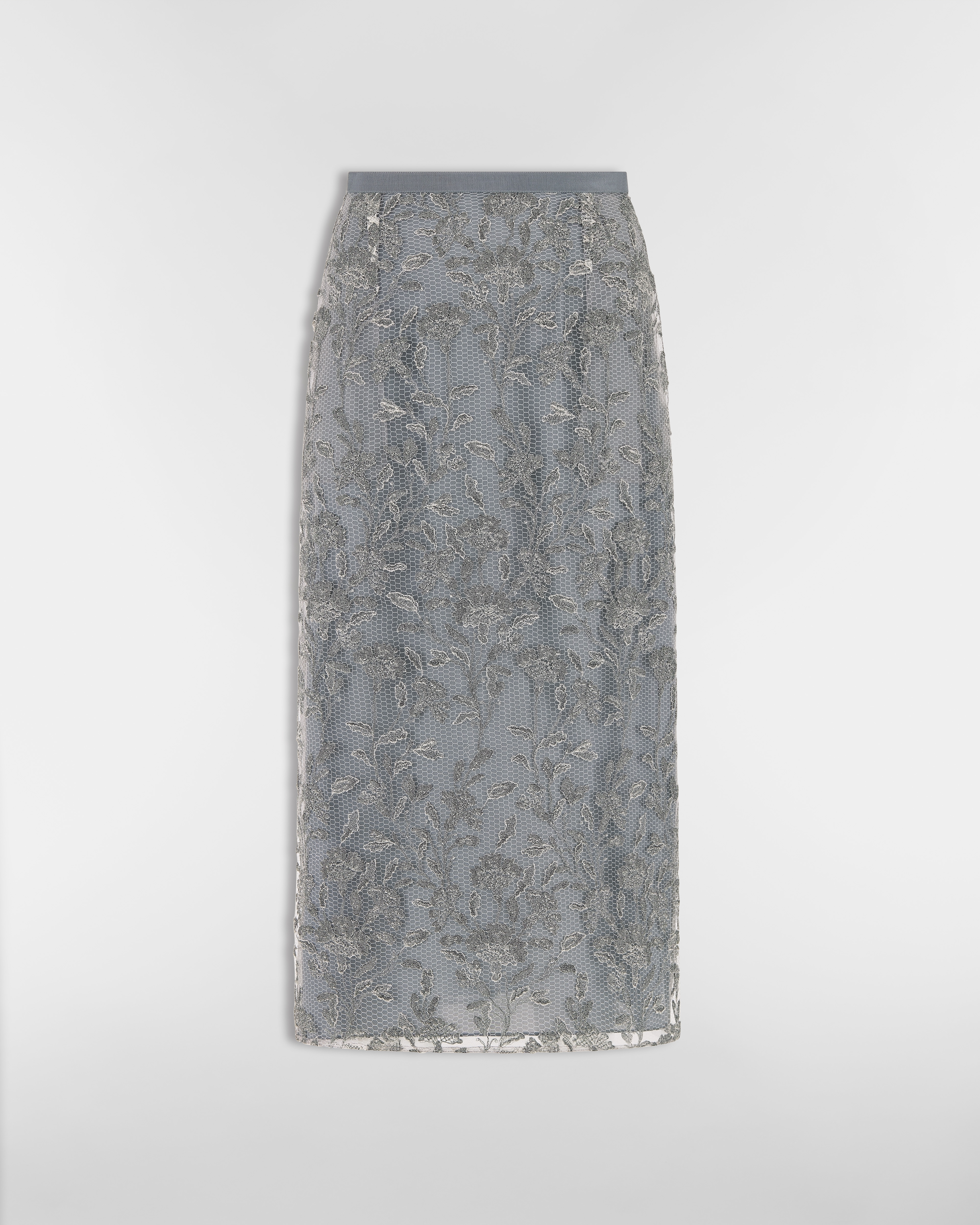 Mid-Length Regular-Fit Embroidered Skirt White Mesh with Beige Millefiori Motif E01
