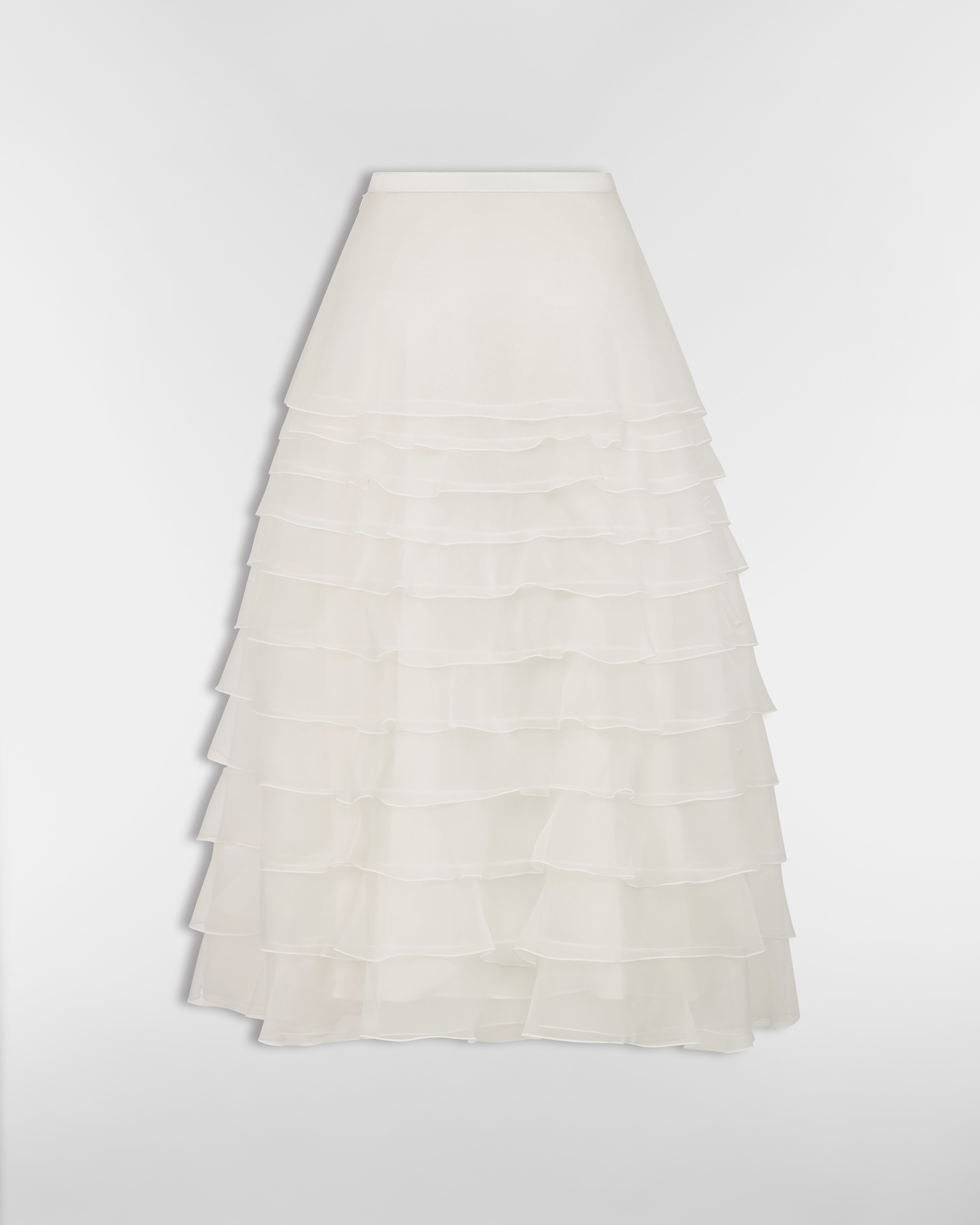 Jupe mi-longue à volants Organza de soie écrue E08