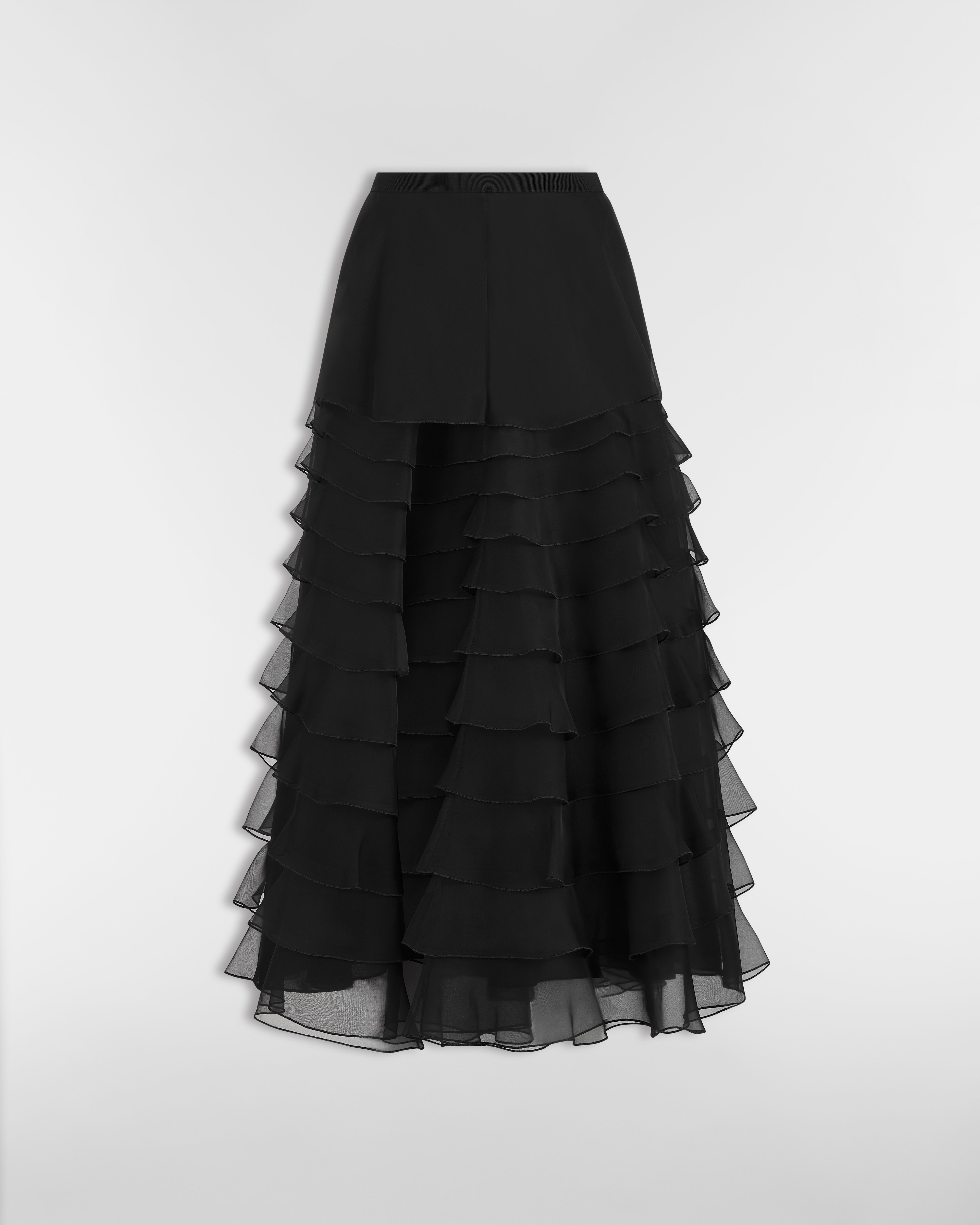 Jupe mi-longue à volants Organza de soie noire E01