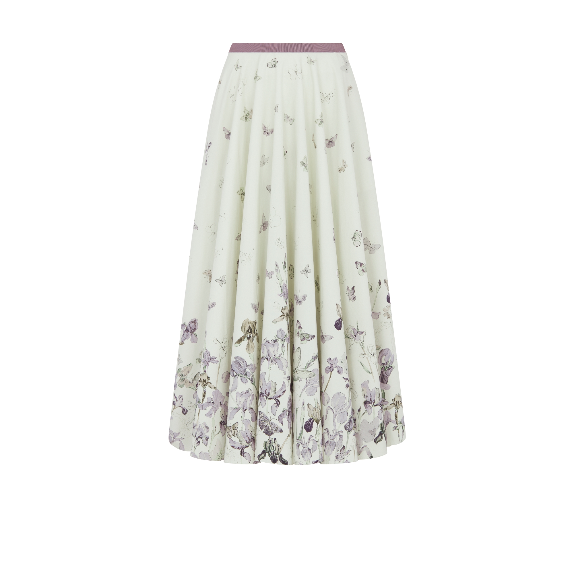 Mid-Length Flared Skirt Beige Cotton and Silk Poplin with Multicolor Butterflies & Iris Motif E01