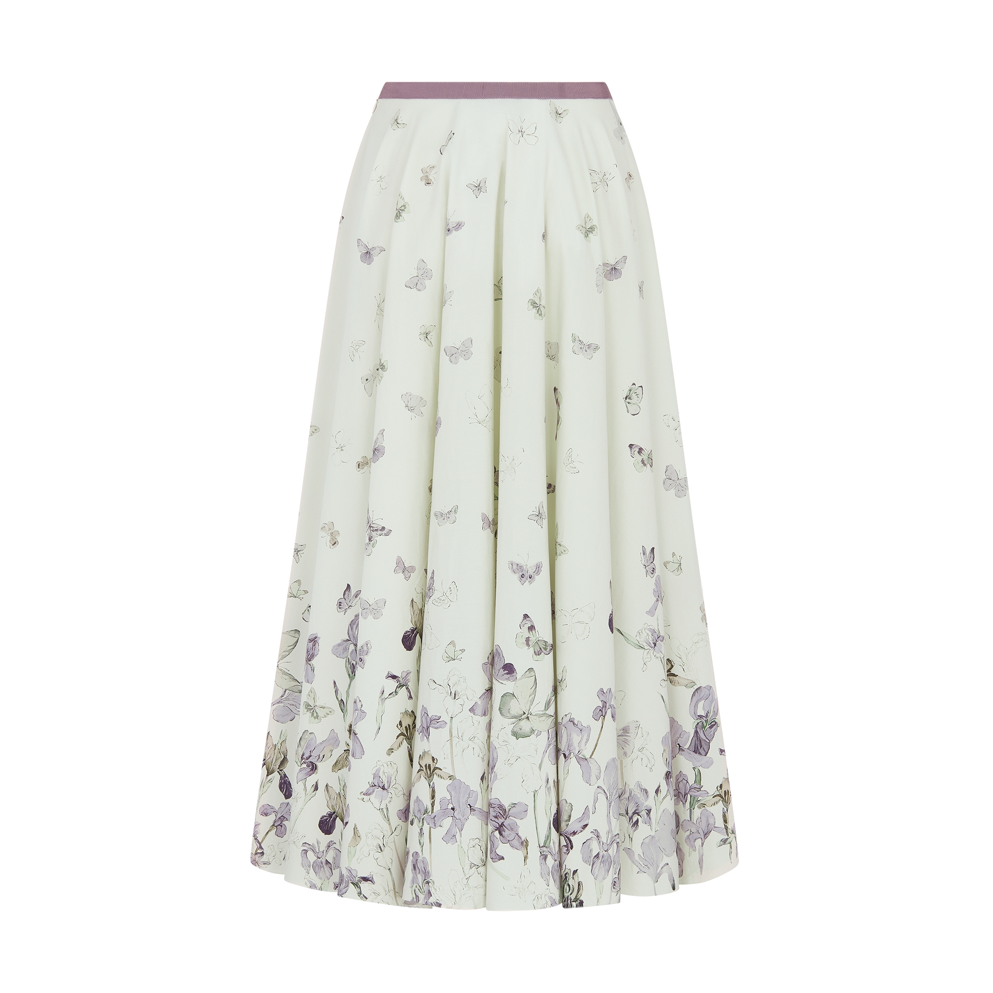 Mid-Length Flared Skirt Beige Cotton and Silk Poplin with Multicolor Butterflies & Iris Motif E08