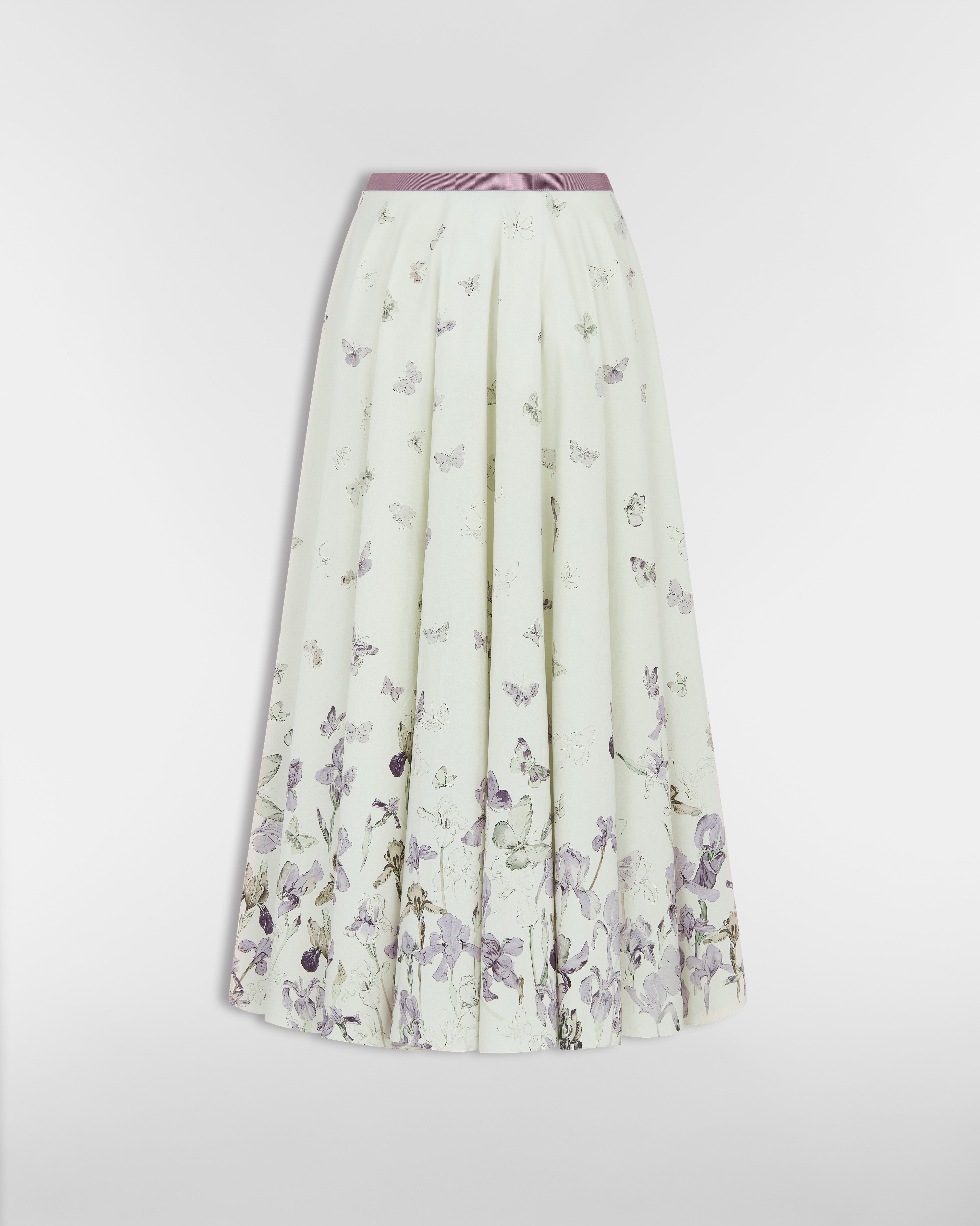 Gonna midi svasata Popeline di cotone e seta beige con motivo Butterflies & Iris multicolore E08