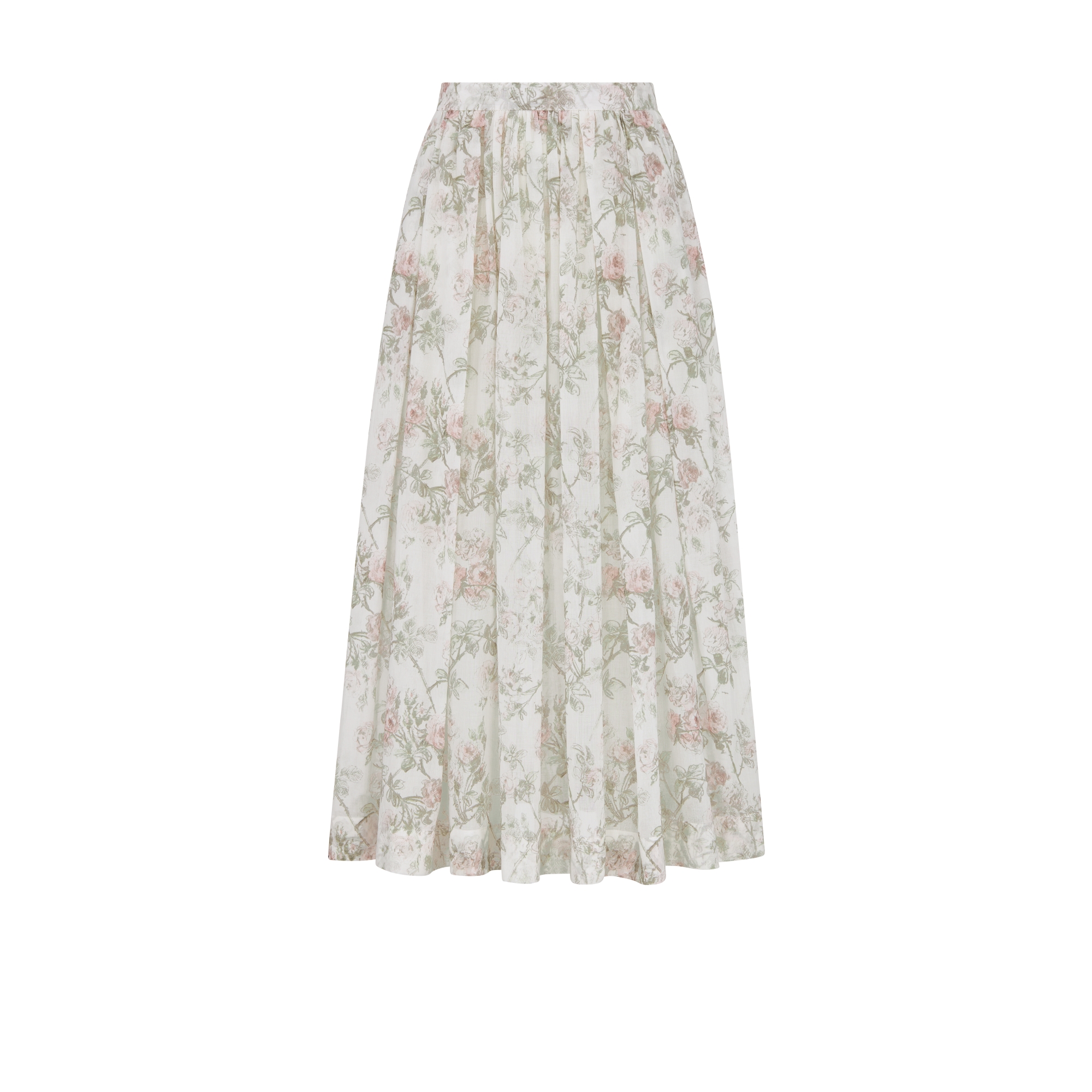 Ausgestellter Midirock Baumwollmusselin in Weiß mit Rosier de Dior Motiv in mehreren Farben E01