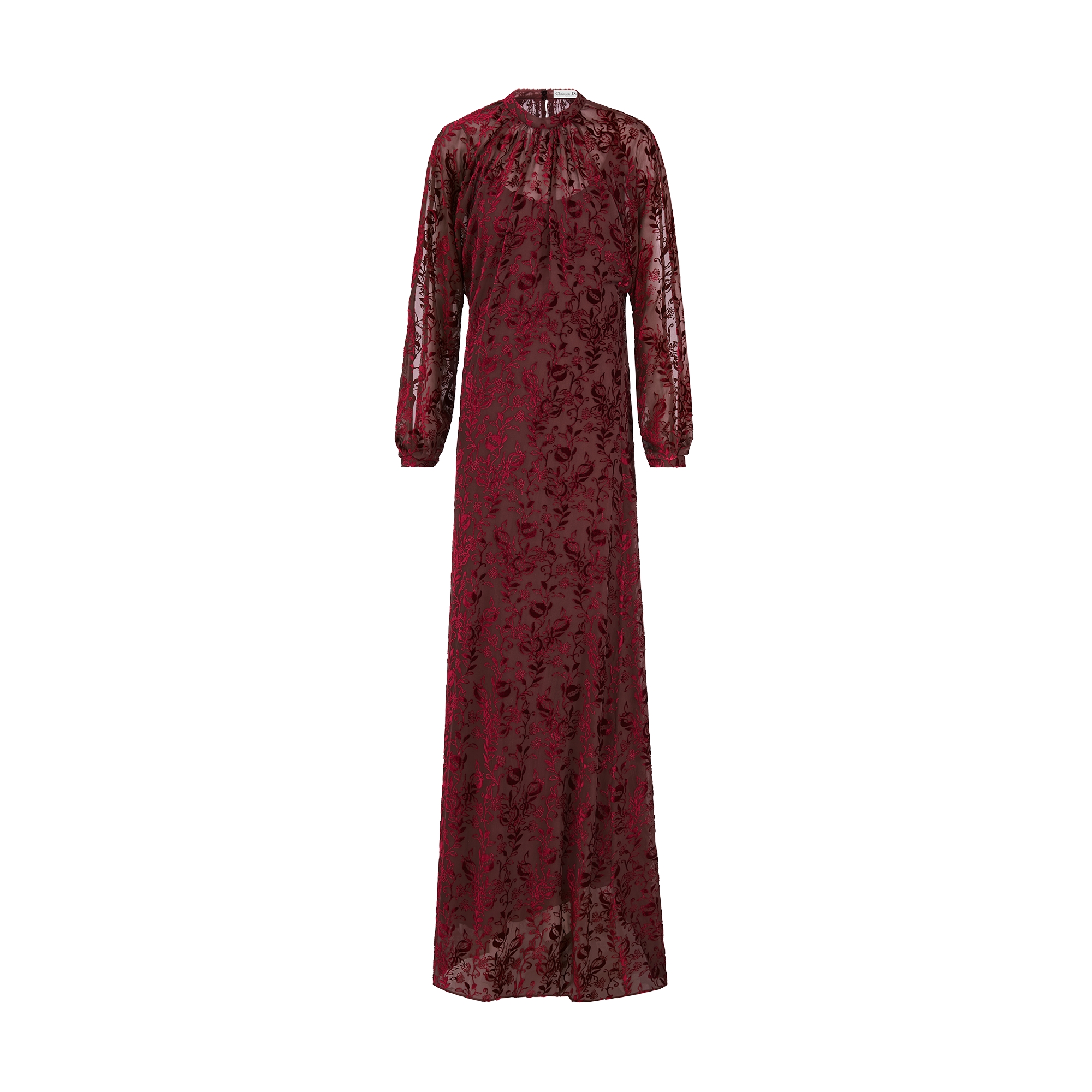 Long Dress Red Silk-Blend Dévoré Velvet with Pomegranate Motif E01