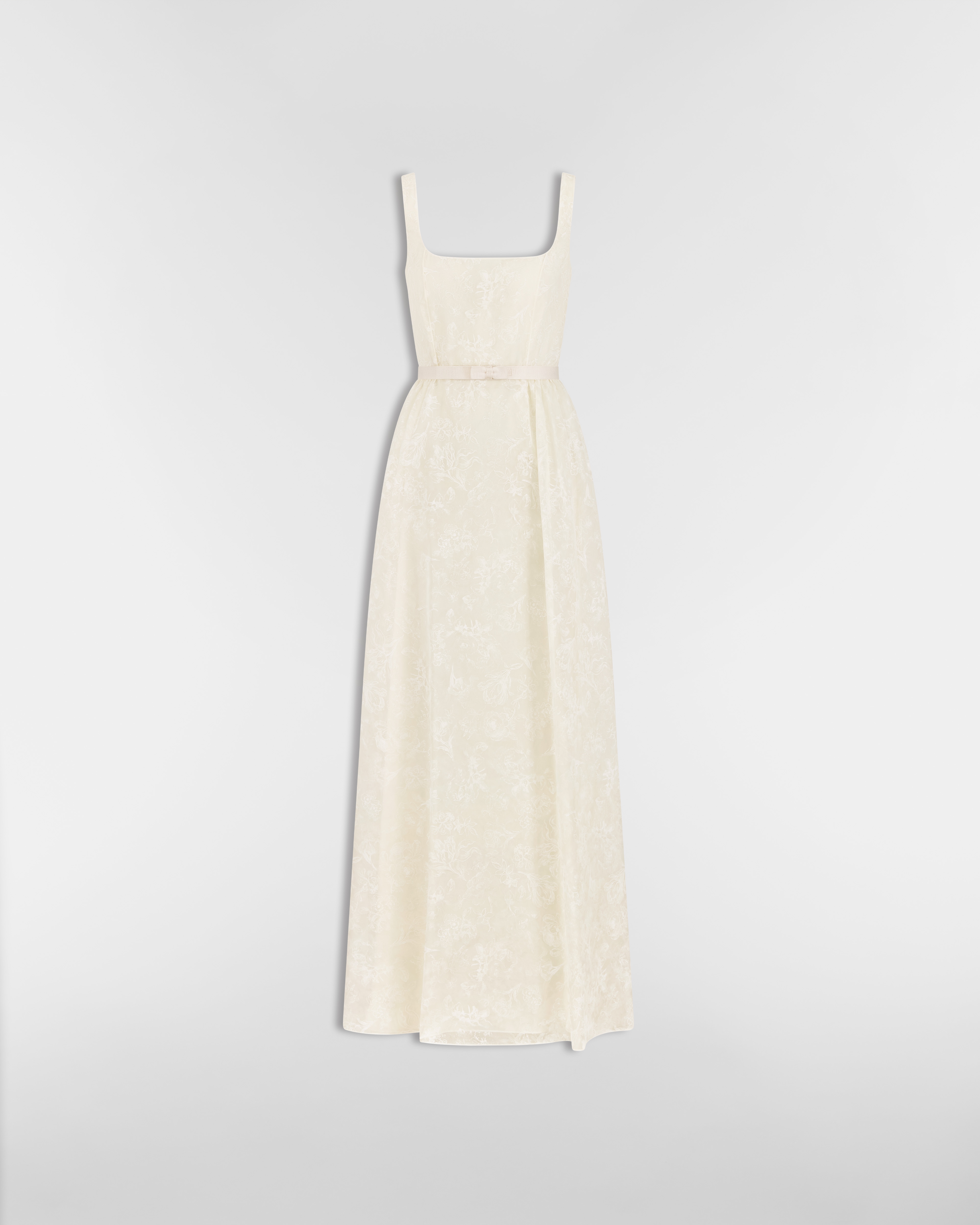 Long Belted Dress Ecru Silk Organza with Millefiori Motif E01