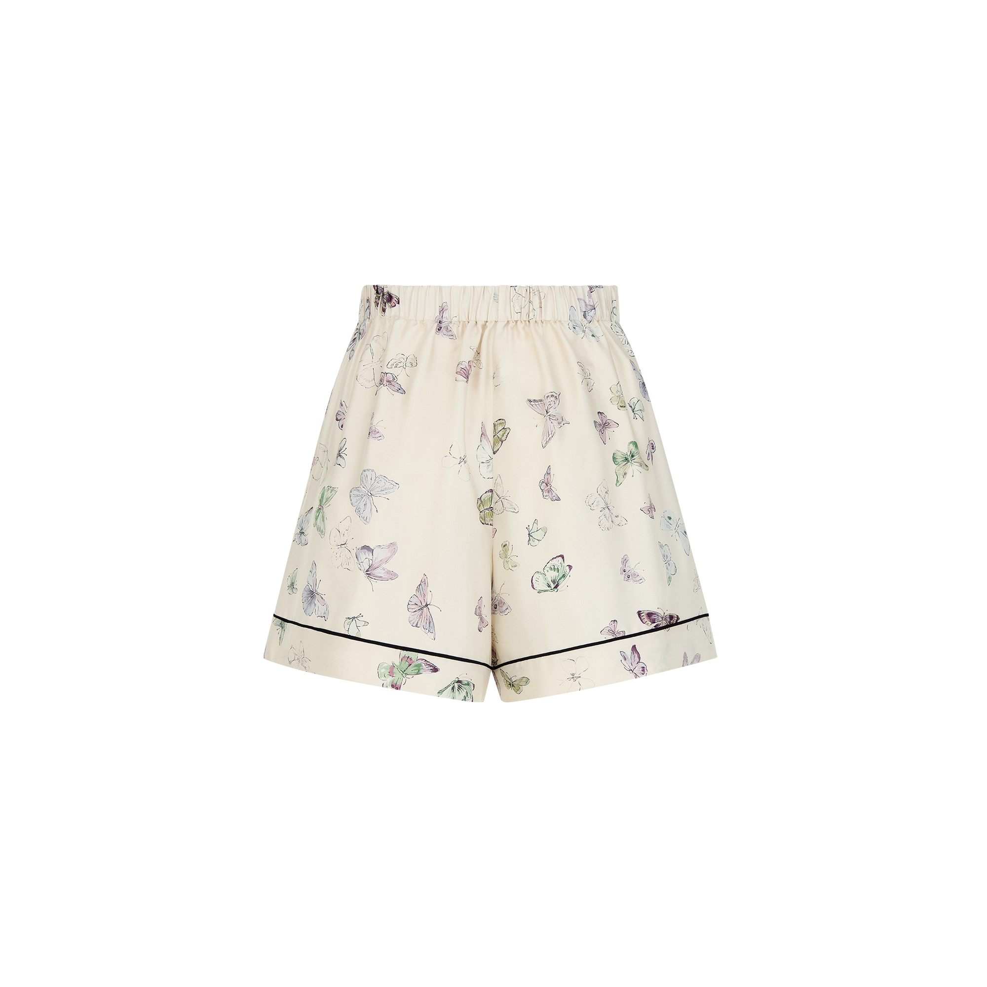 Shorts Ecru Silk Twill with Multicolor Butterfly Motif E08