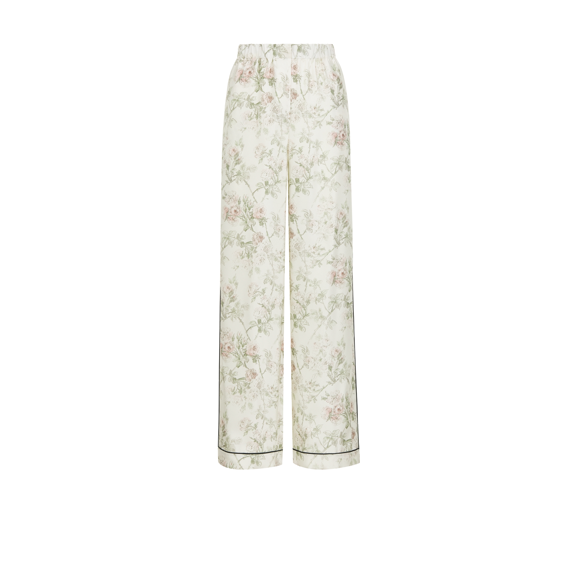 Pants White Silk Twill with Multicolor Rosier de Dior Motif E01