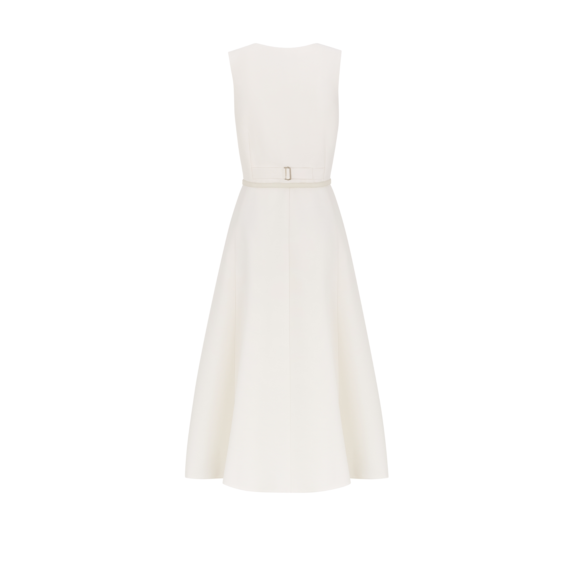 Mid-Length Flared Dress with Belt White Wool and Silk Shantung E08