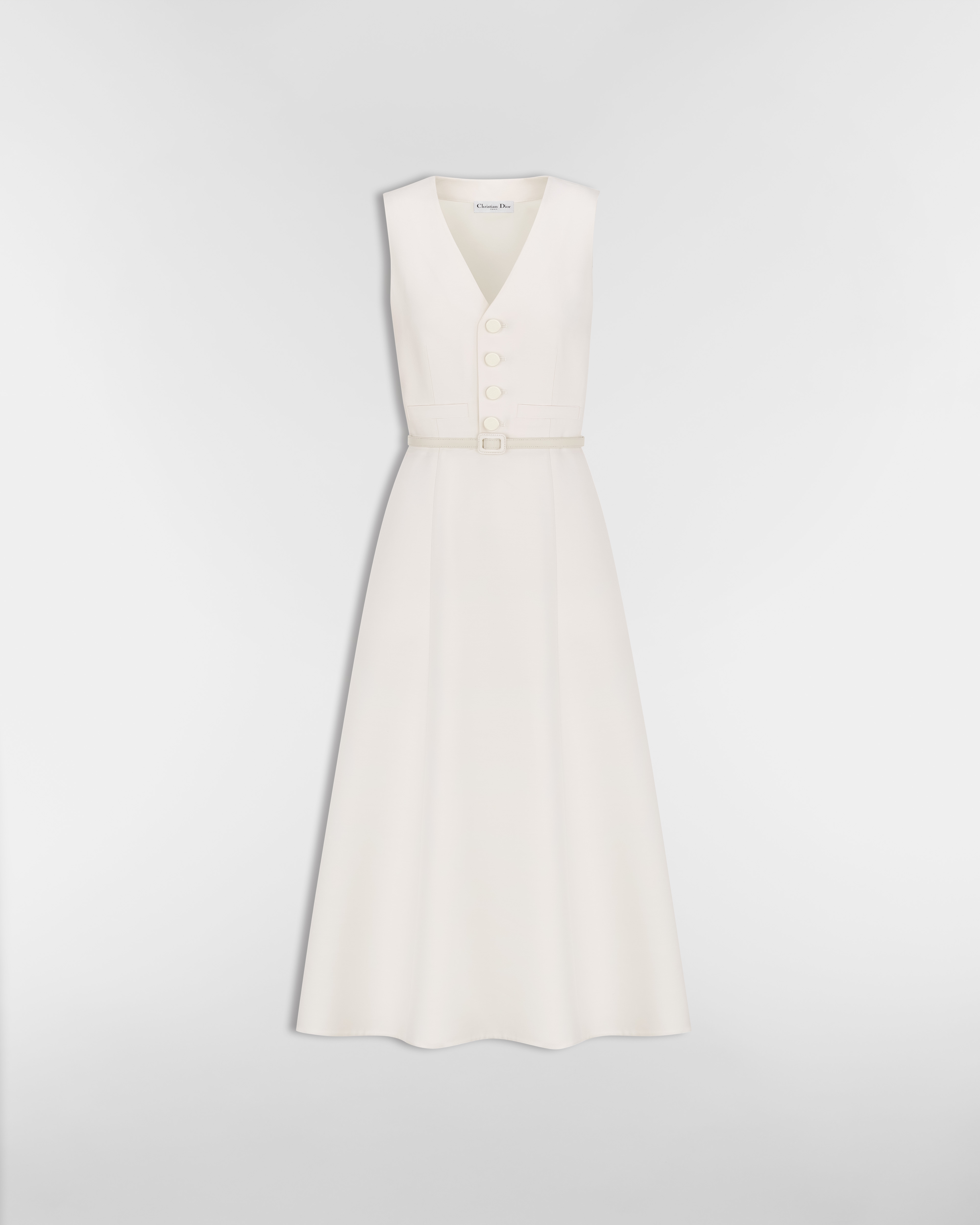 Robe mi-longue évasée ceinturée Shantung de laine et soie blanches E01