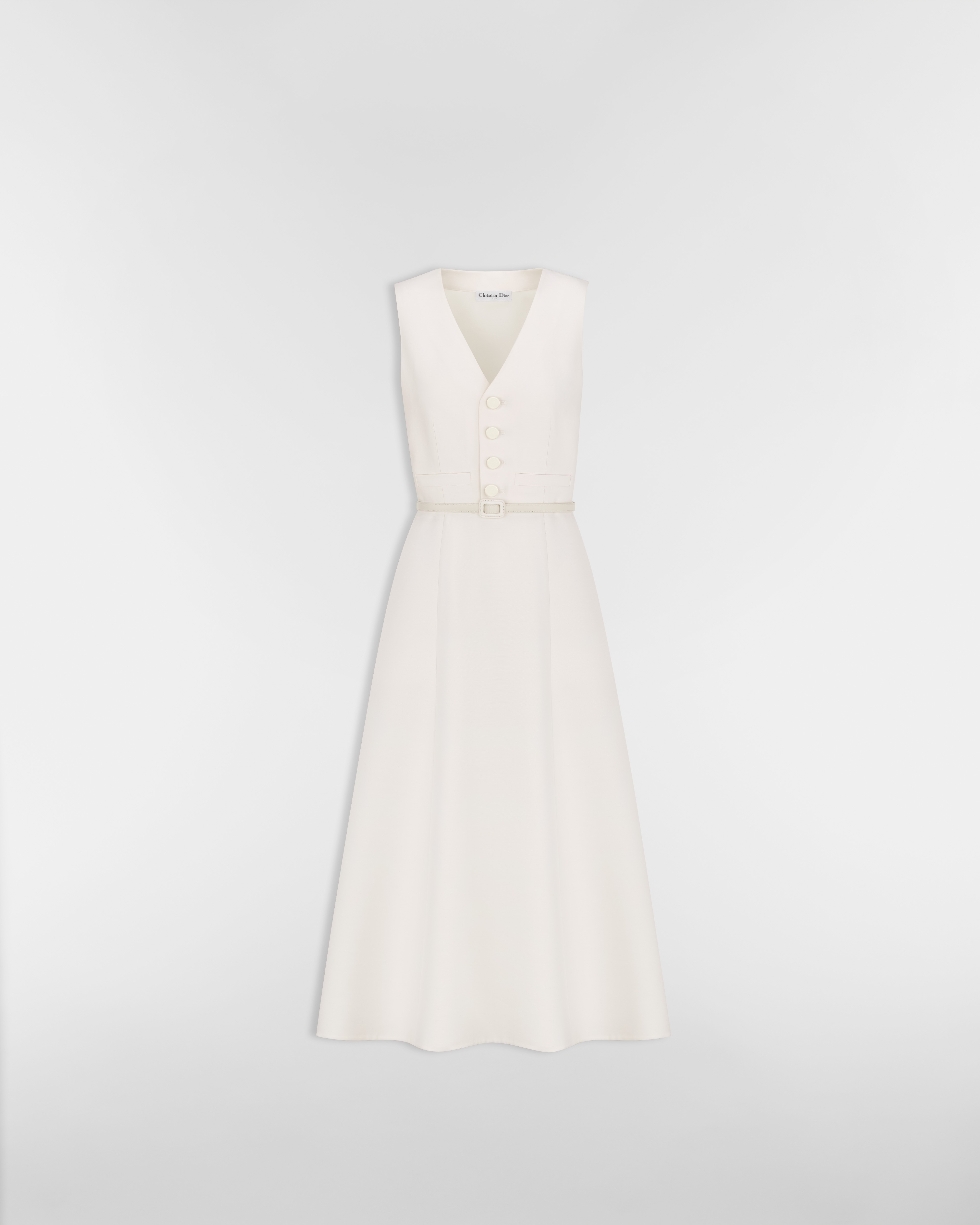 Ausgestelltes Midikleid mit Gürtel Wolle und Shantungseide in Weiß E01