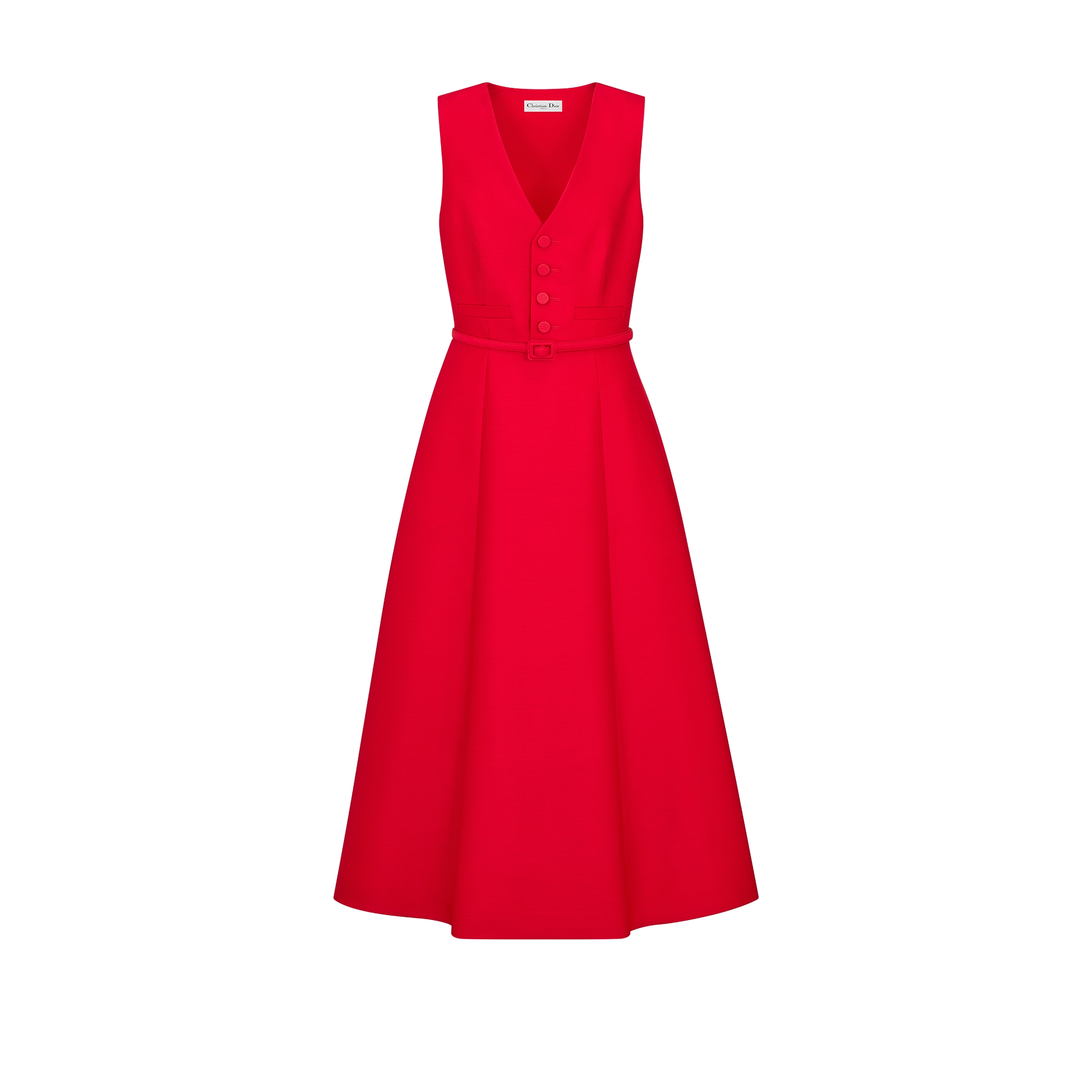 Mid-Length Flared Dress with Belt Red Wool and Silk Shantung E01