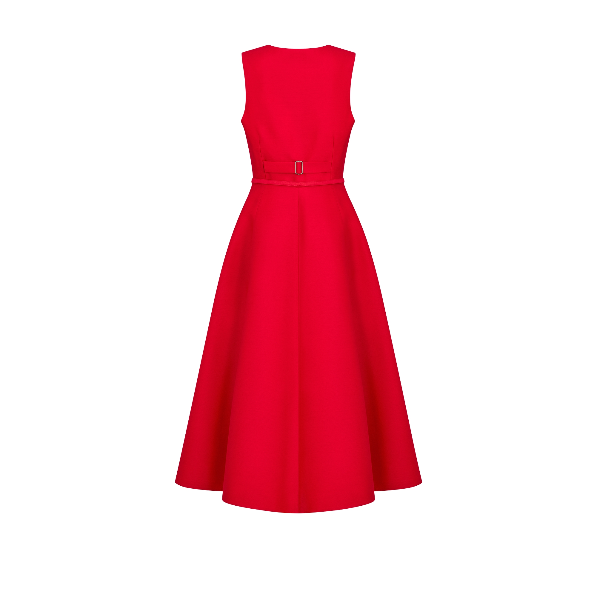 벨트 플레어 미디 드레스 레드 울 실크 산퉁 E08