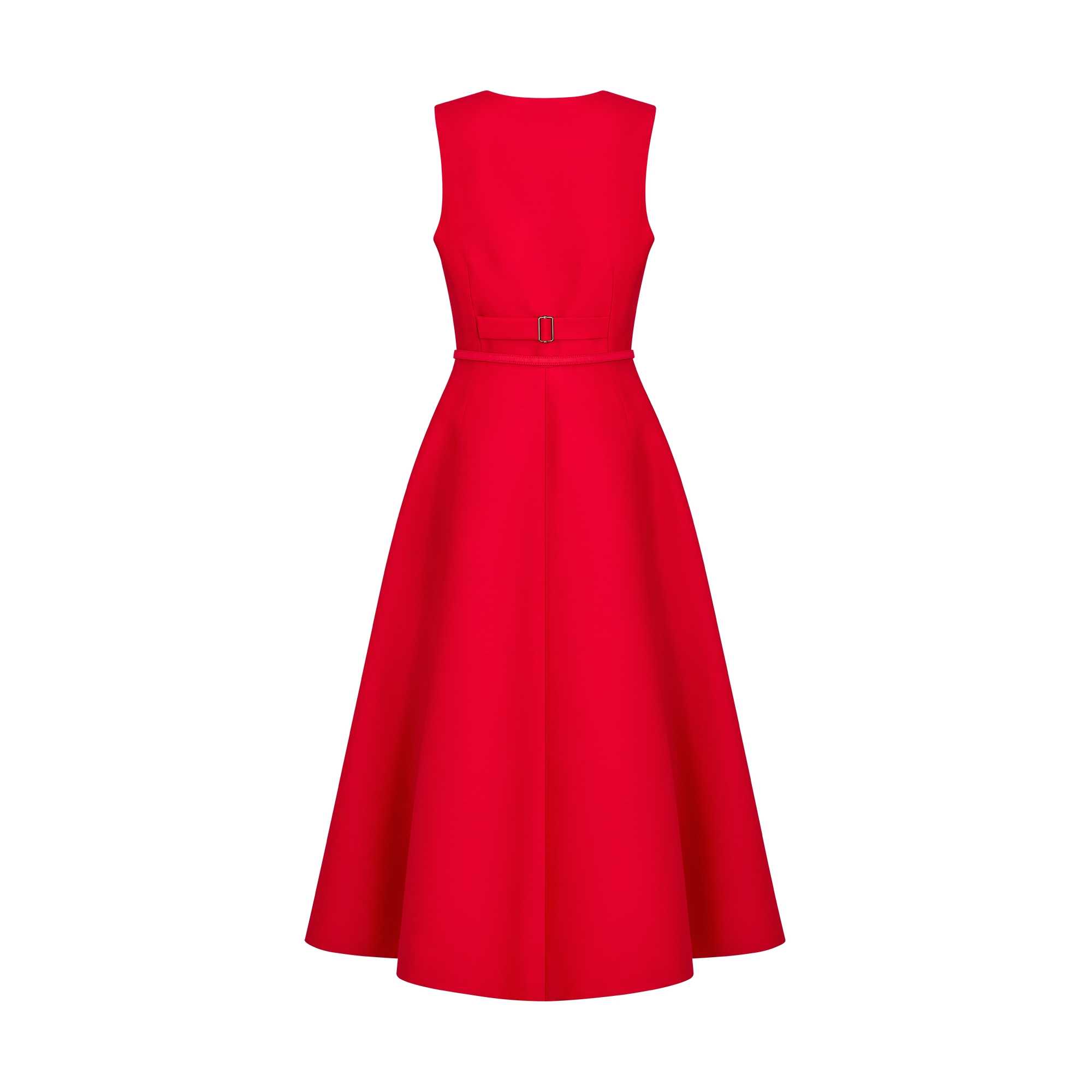 Mid-Length Flared Dress with Belt Red Wool and Silk Shantung E08