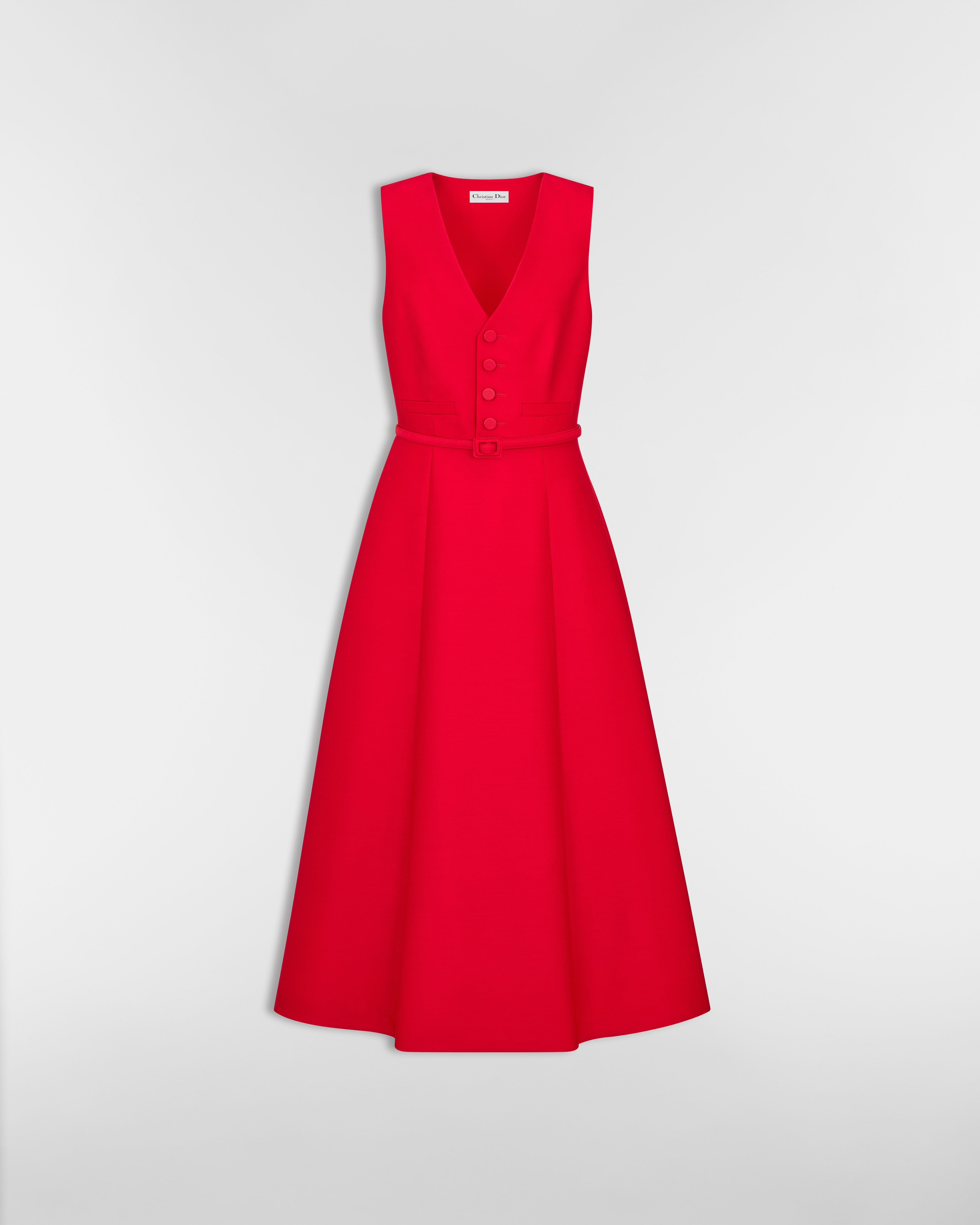 Robe mi-longue évasée ceinturée Shantung de laine et soie rouges E01