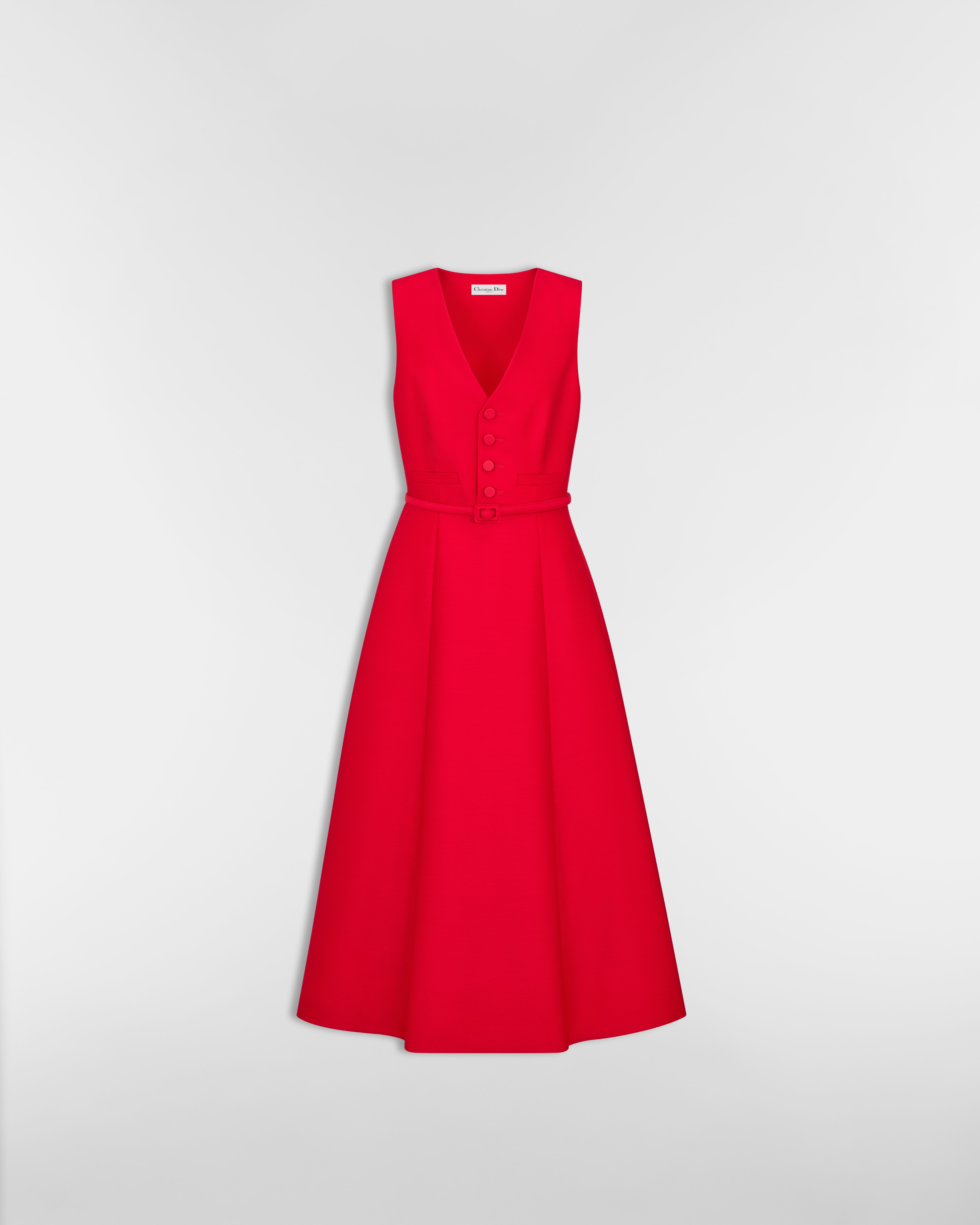 Ausgestelltes Midikleid mit Gürtel Wolle und Shantungseide in Rot E01