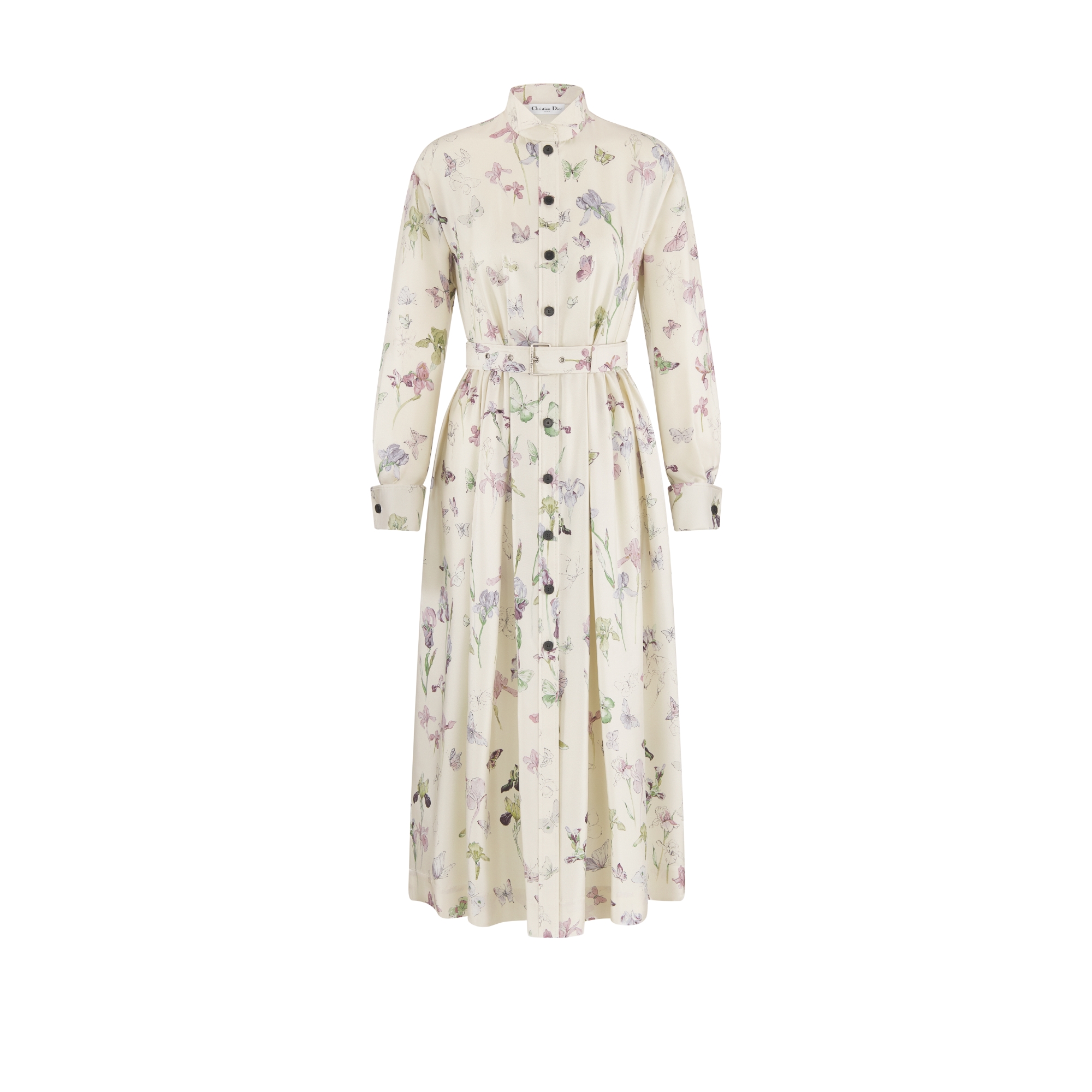 Mid-Length Belted Shirtdress Beige Silk Twill with Multicolor Butterflies & Iris Motif E01
