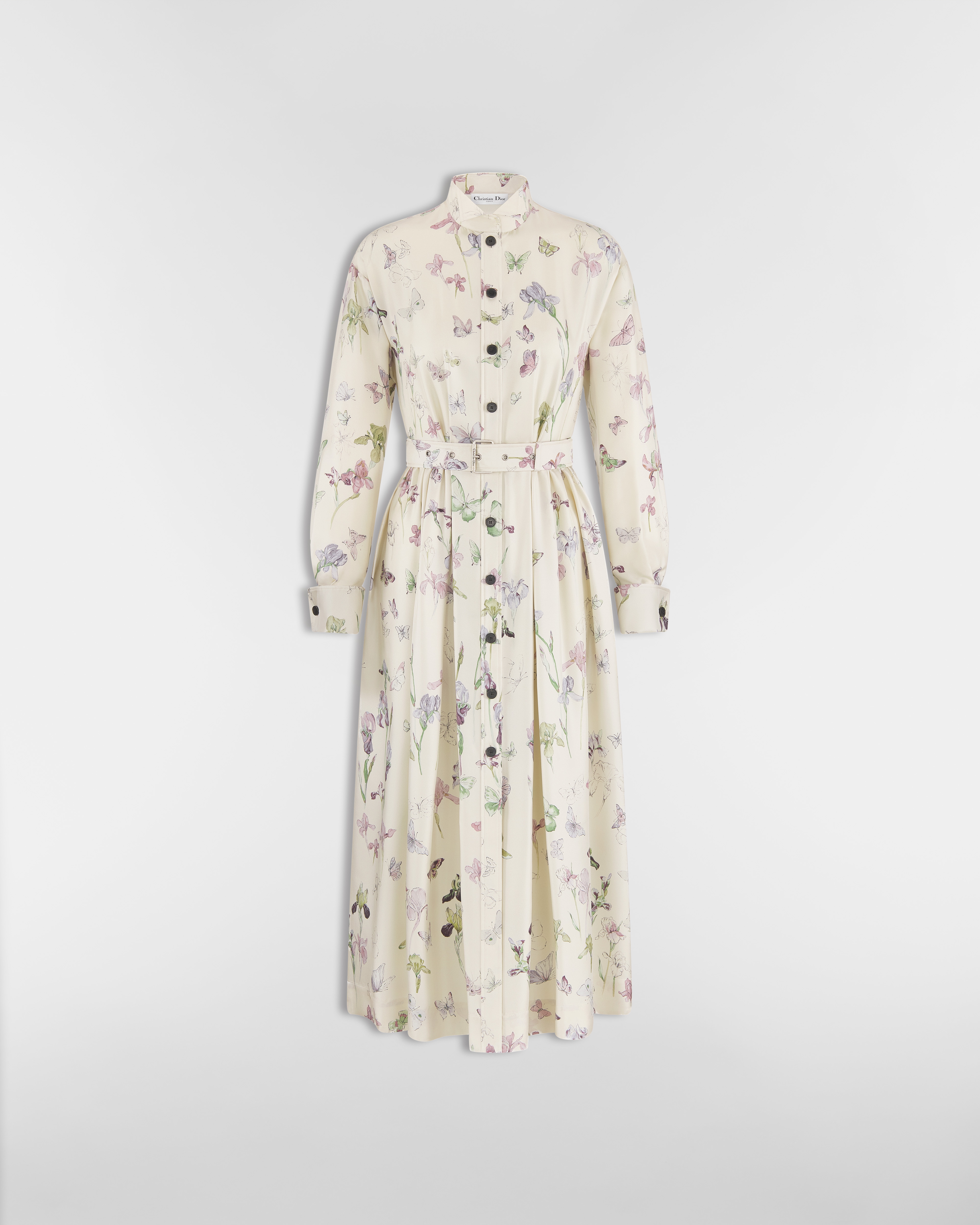 Midi-Hemdkleid mit Gürtel Seidentwill in Beige mit mehrfarbigem Butterflies & Iris Motiv E01