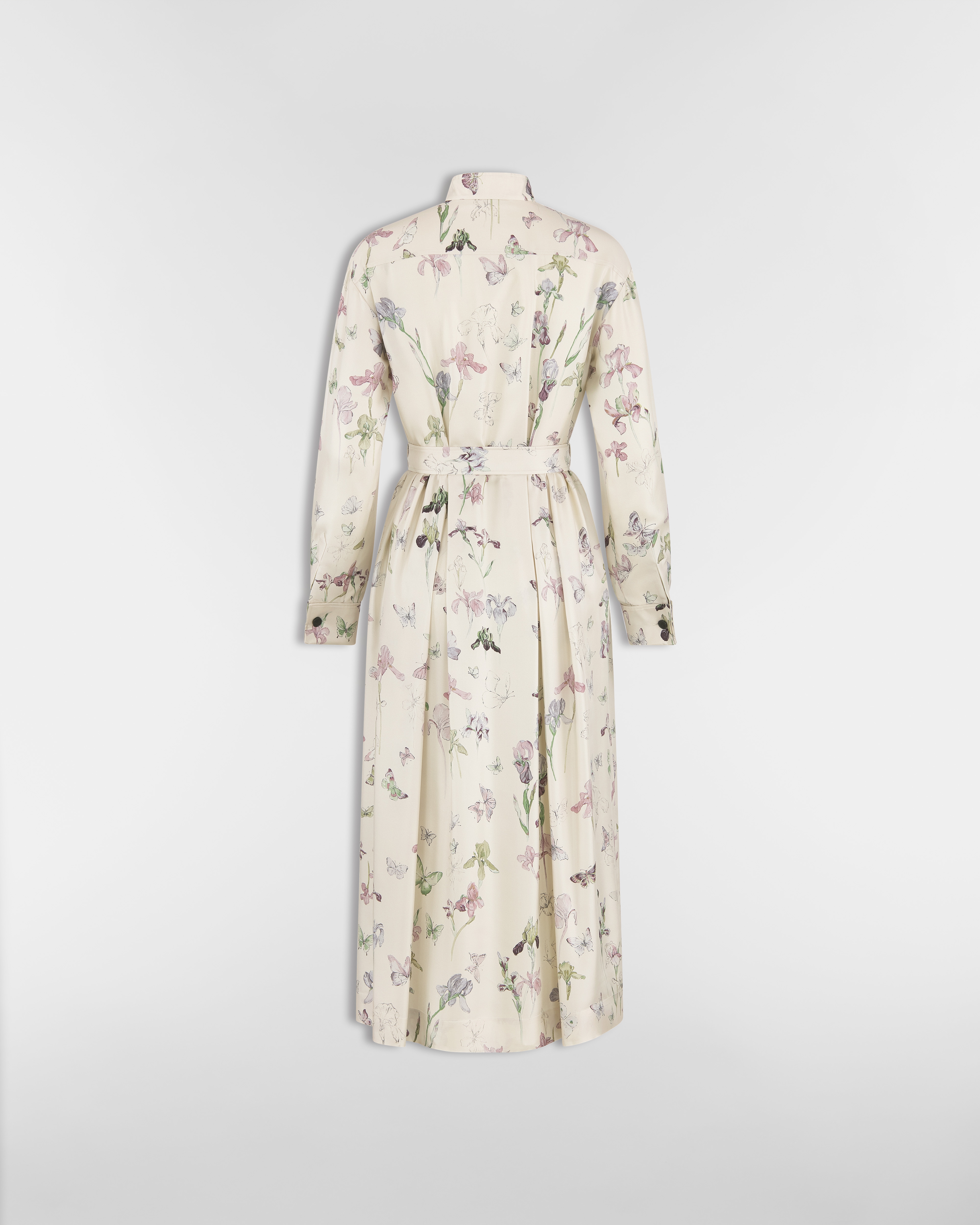 Midi-Hemdkleid mit Gürtel Seidentwill in Beige mit mehrfarbigem Butterflies & Iris Motiv E08