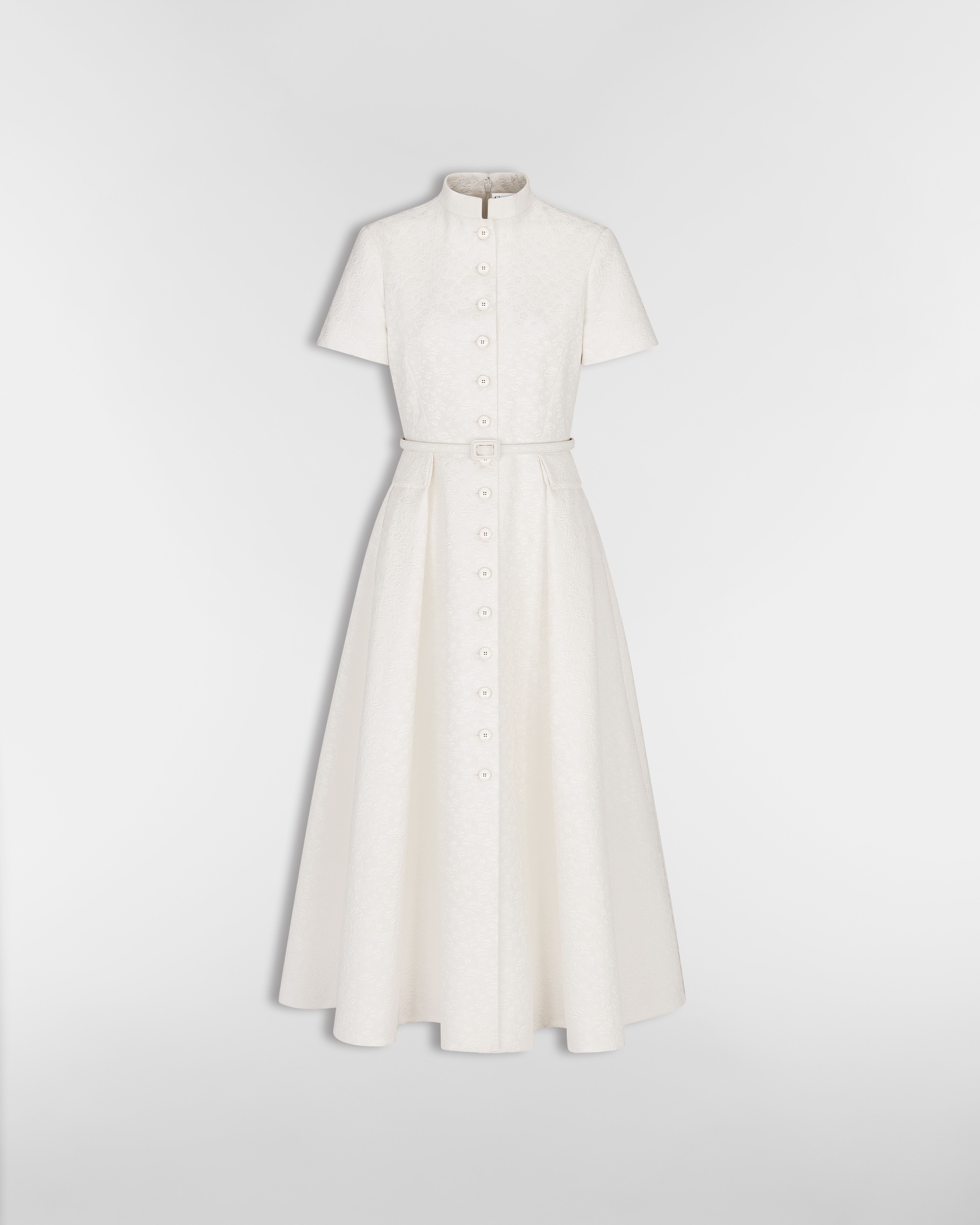 Mid-Length Belted Shirtdress Ecru Millefiori Cotton and Silk with Provençal-Effect Quilting E01