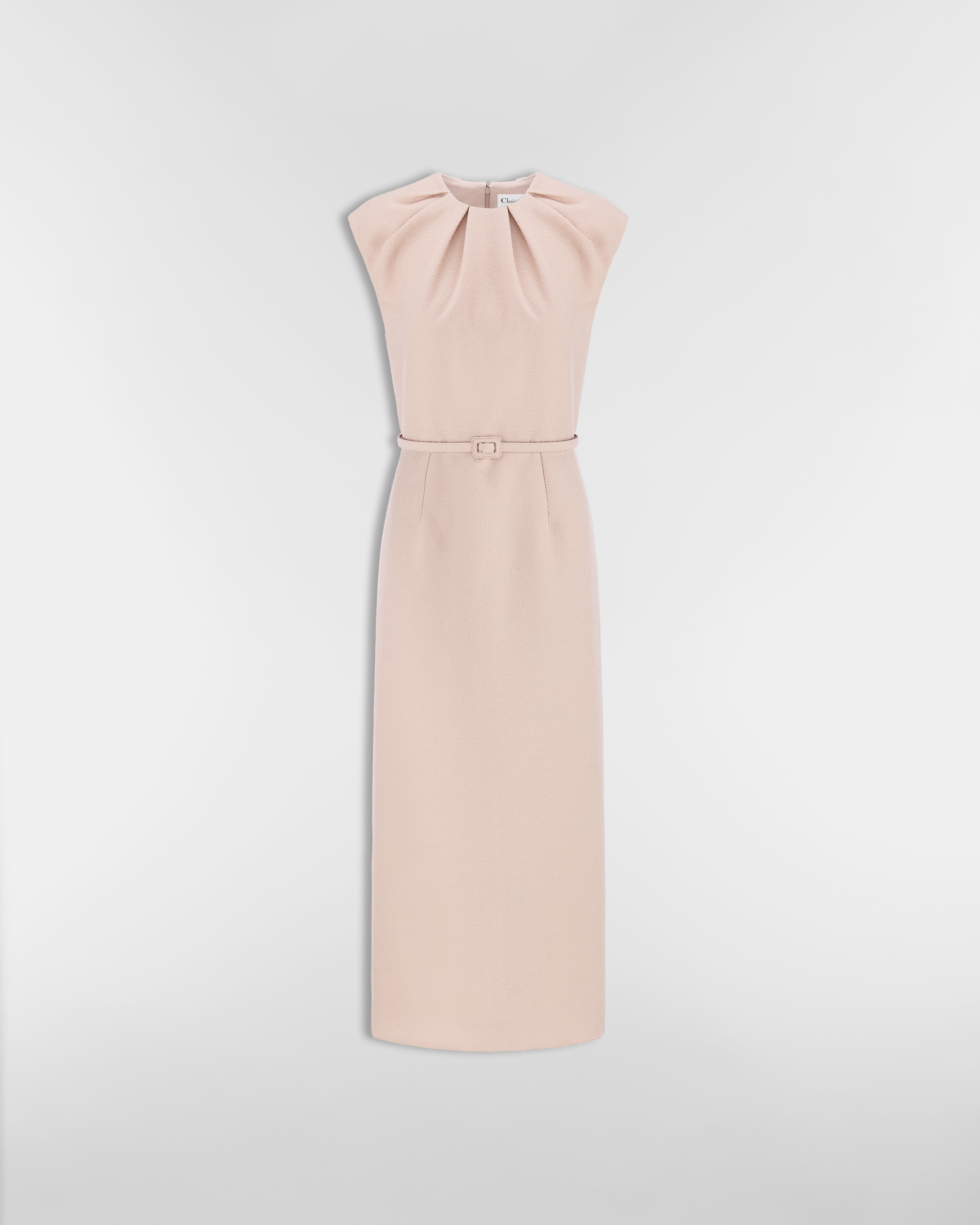 Mid-Length Belted Dress Pink Virgin Wool-Cotton-Blend Bouclé E01