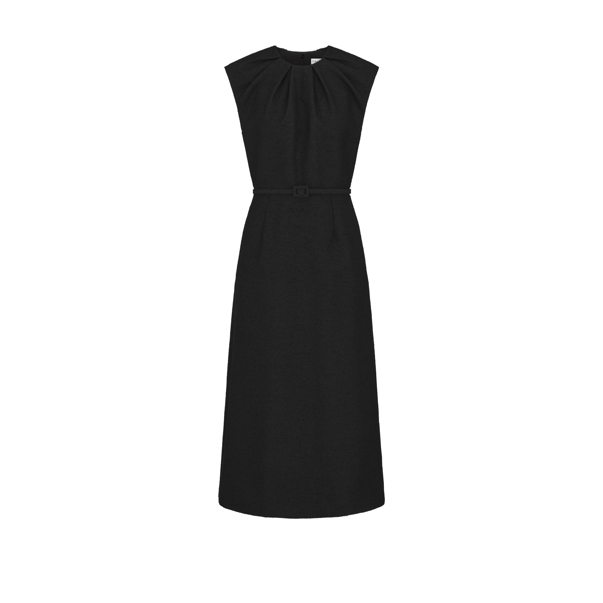 Mid-Length Belted Dress Black Virgin Wool-Cotton-Blend Bouclé E01