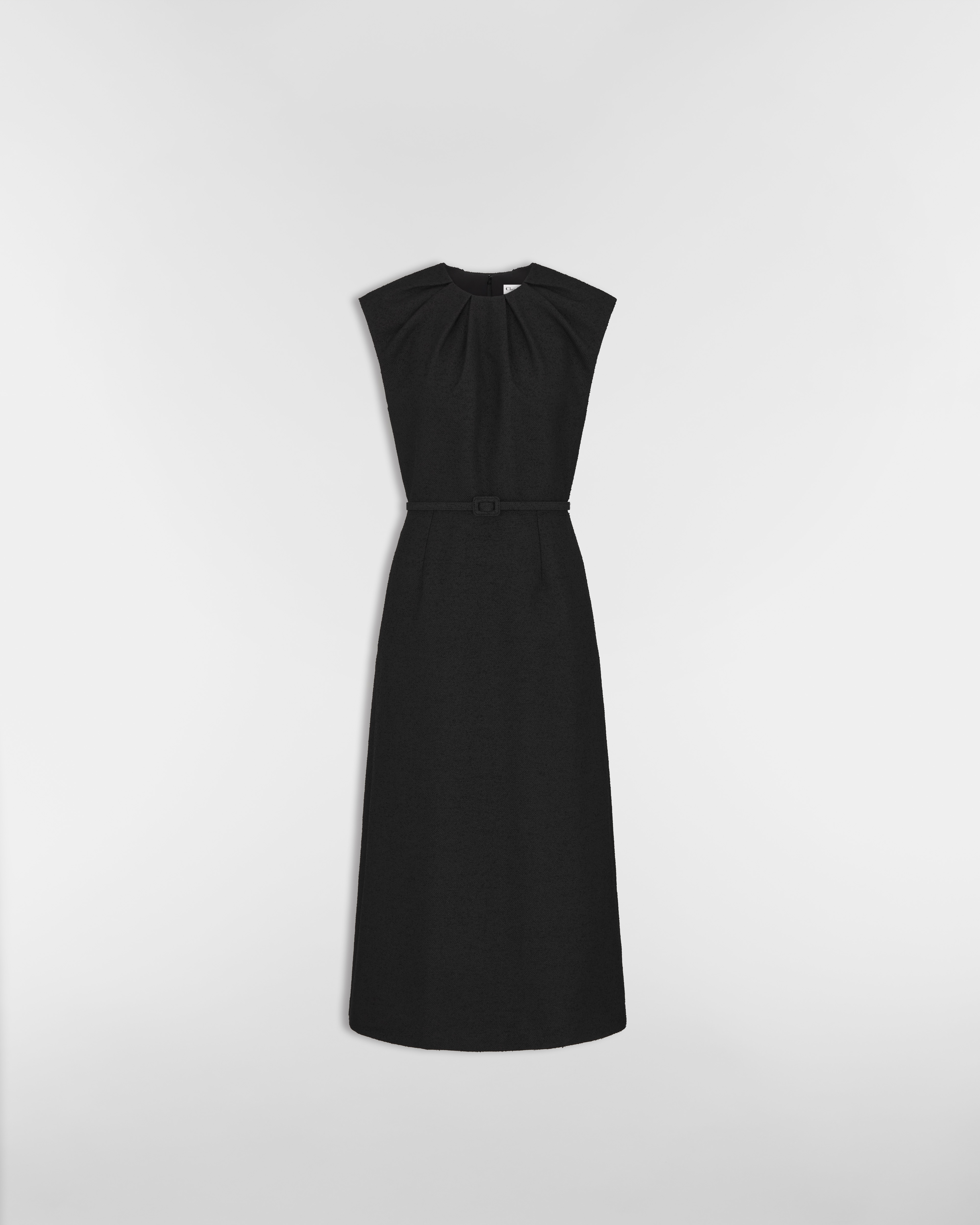 Midikleid mit Gürtel Bouclé aus Schur- und Baumwollmischung in Schwarz E01