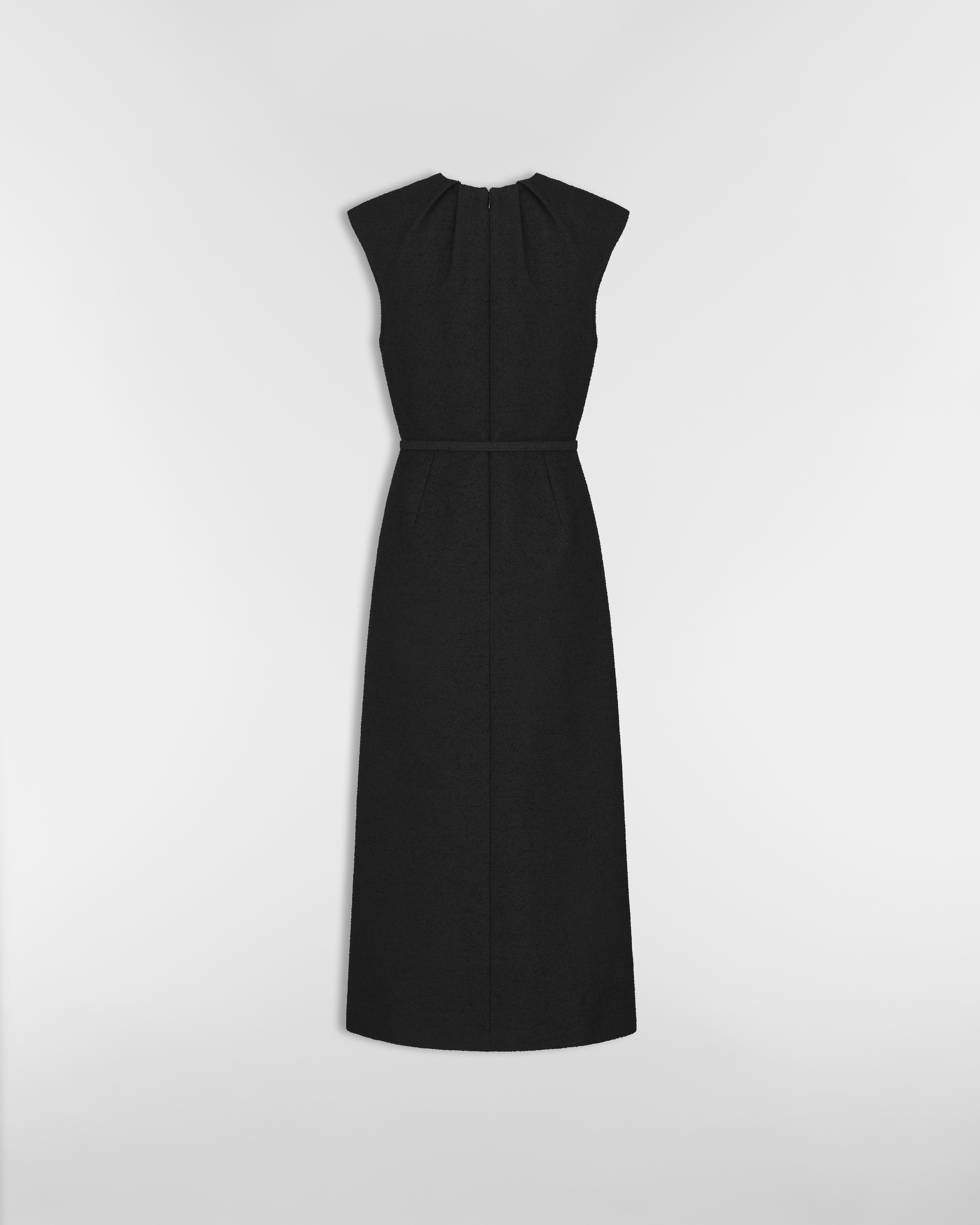 Mid-Length Belted Dress Black Virgin Wool-Cotton-Blend Bouclé E08