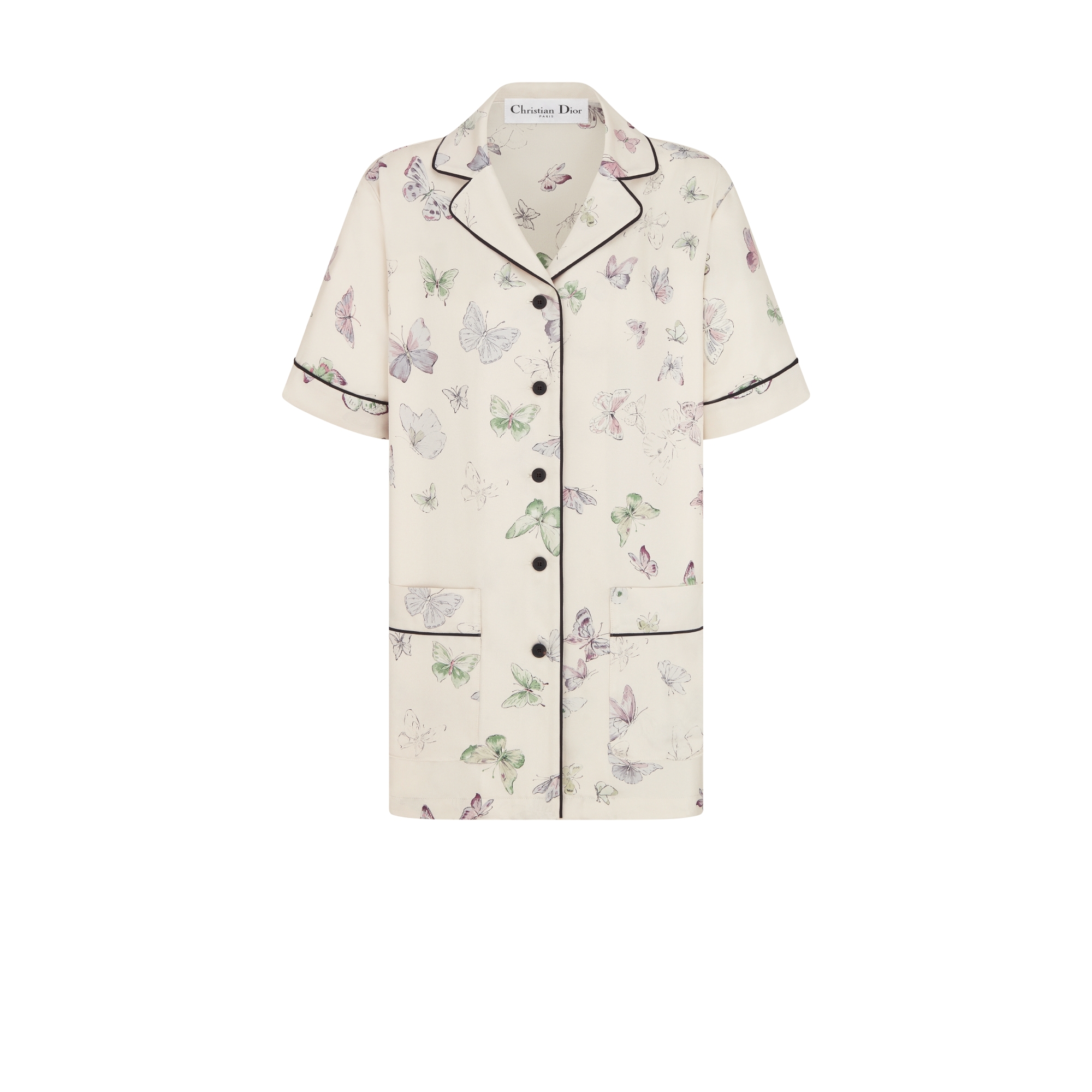 Short-Sleeved Shirt Ecru Silk Twill with Multicolor Butterfly Motif E01