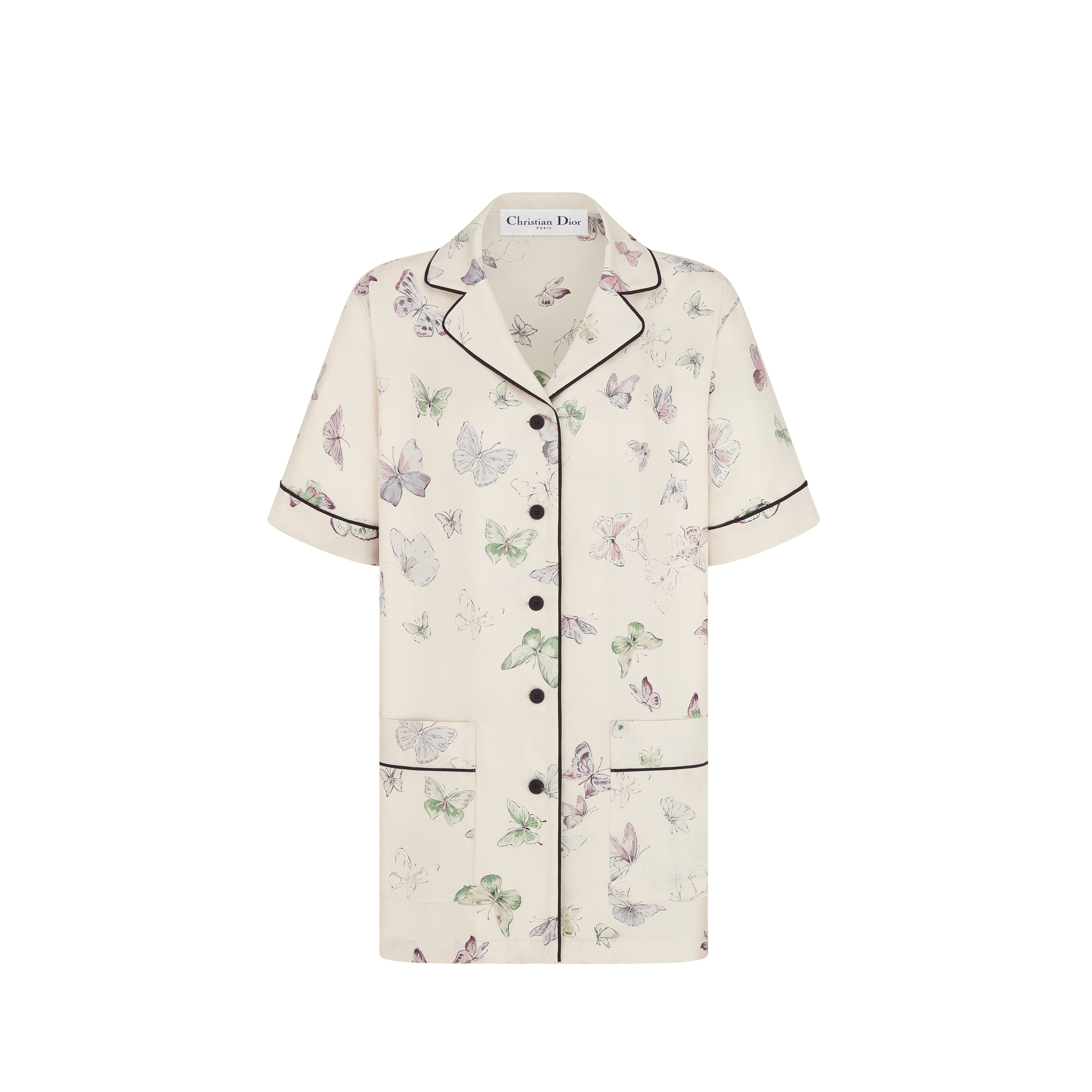 Short-Sleeved Shirt Ecru Silk Twill with Multicolor Butterfly Motif E01