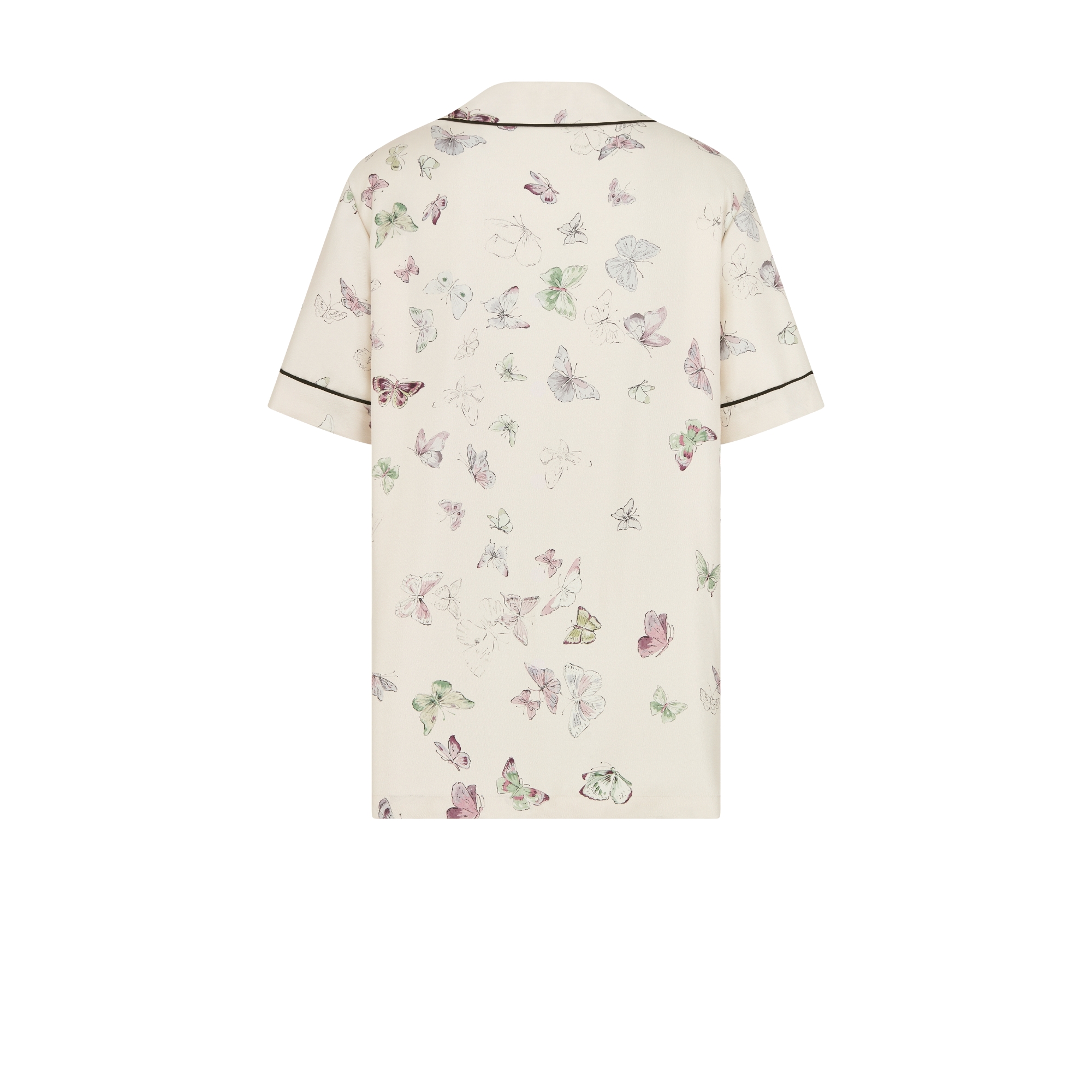 Short-Sleeved Shirt Ecru Silk Twill with Multicolor Butterfly Motif E08