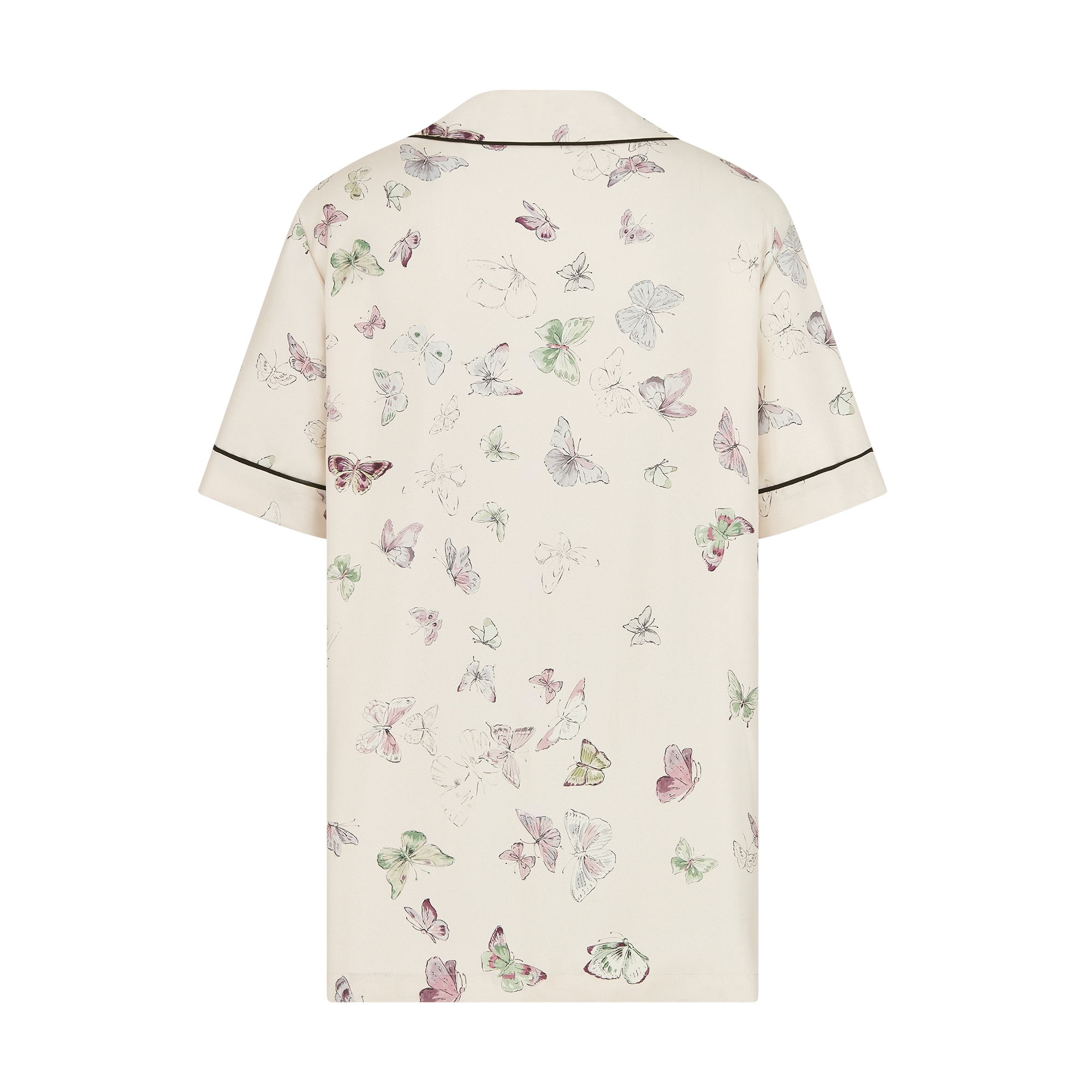 Short-Sleeved Shirt Ecru Silk Twill with Multicolor Butterfly Motif E08