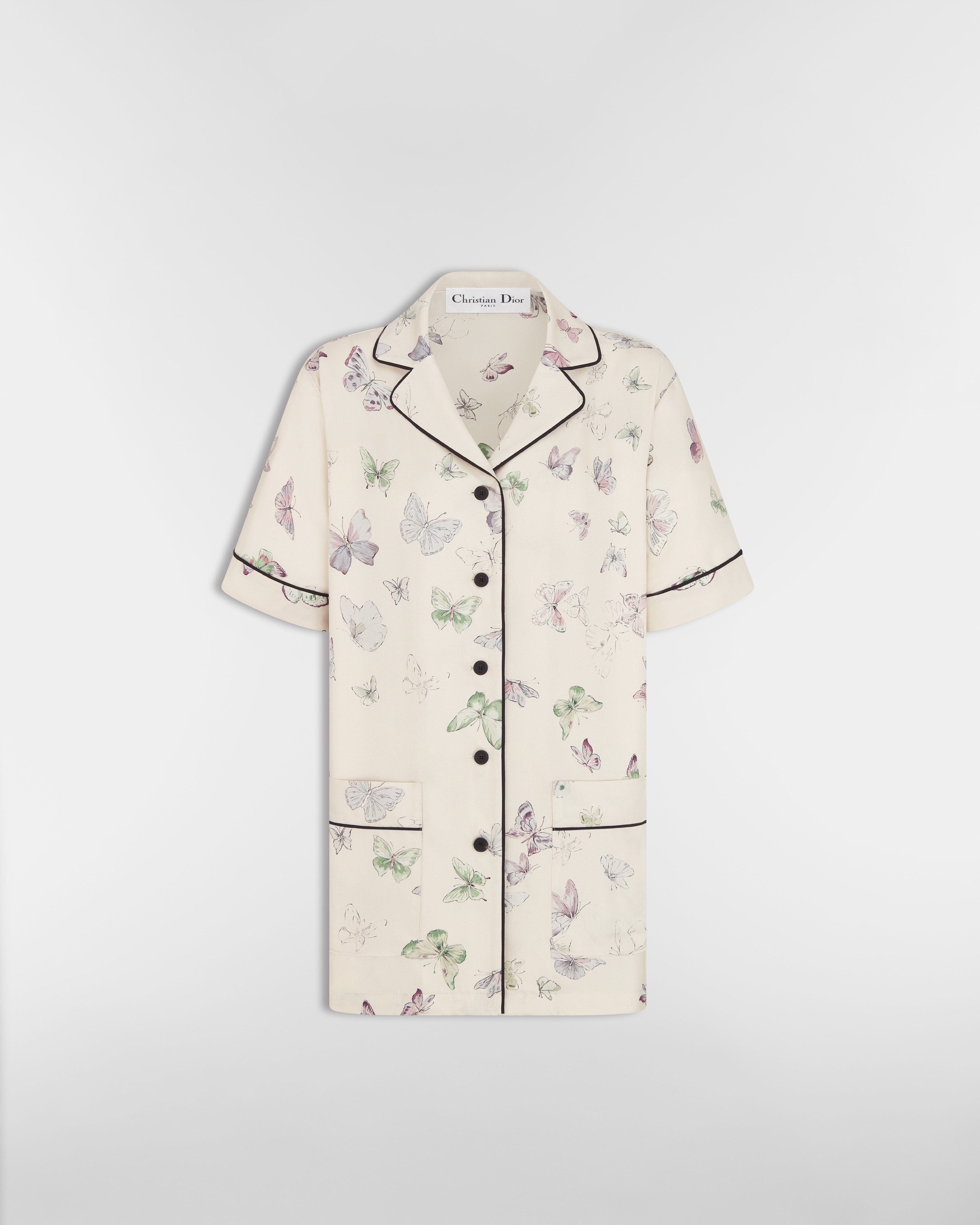 Kurzarmhemd Seidentwill in Ecru mit Butterfly Motiv in mehreren Farben E01