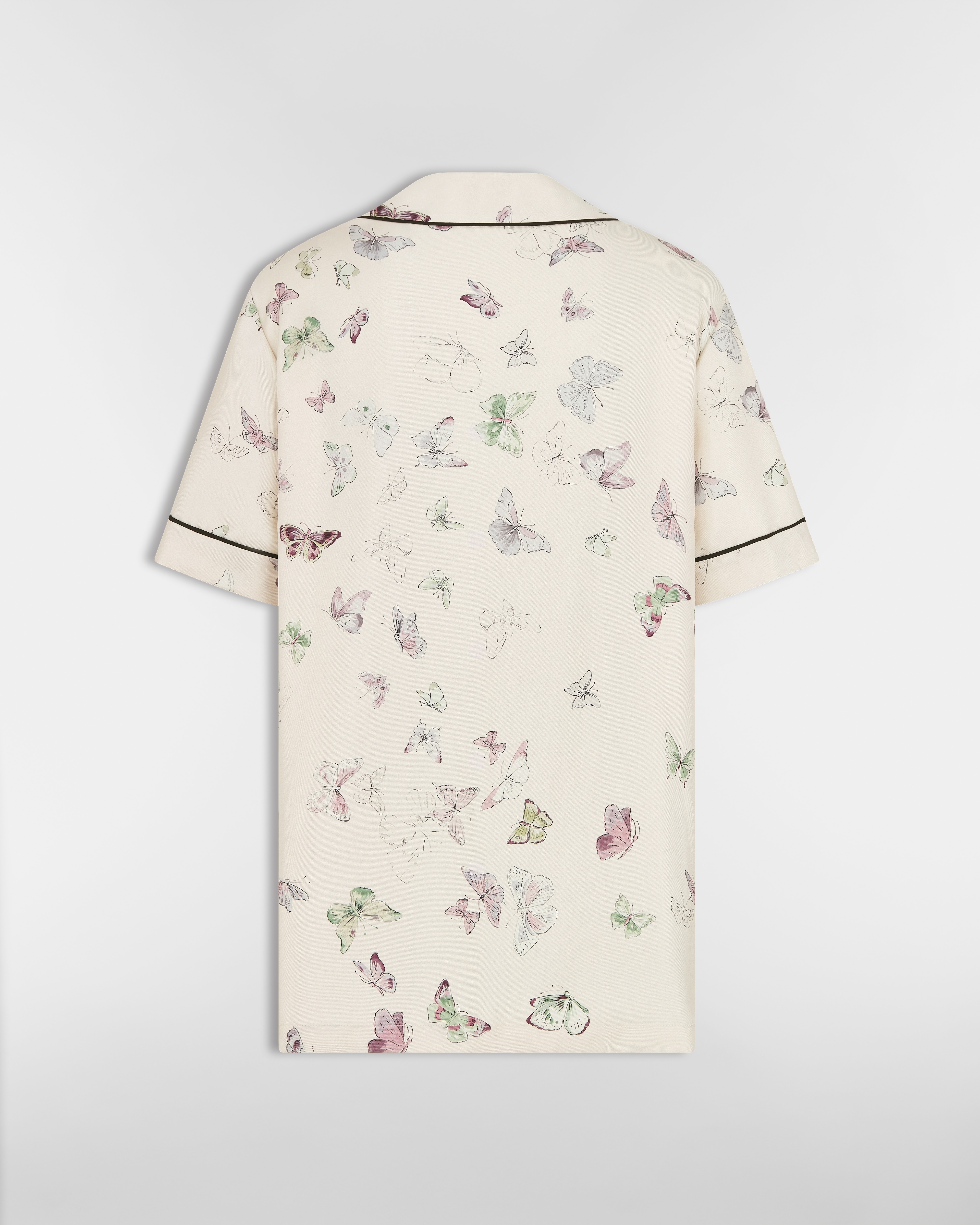 Short-Sleeved Shirt Ecru Silk Twill with Multicolor Butterfly Motif E08