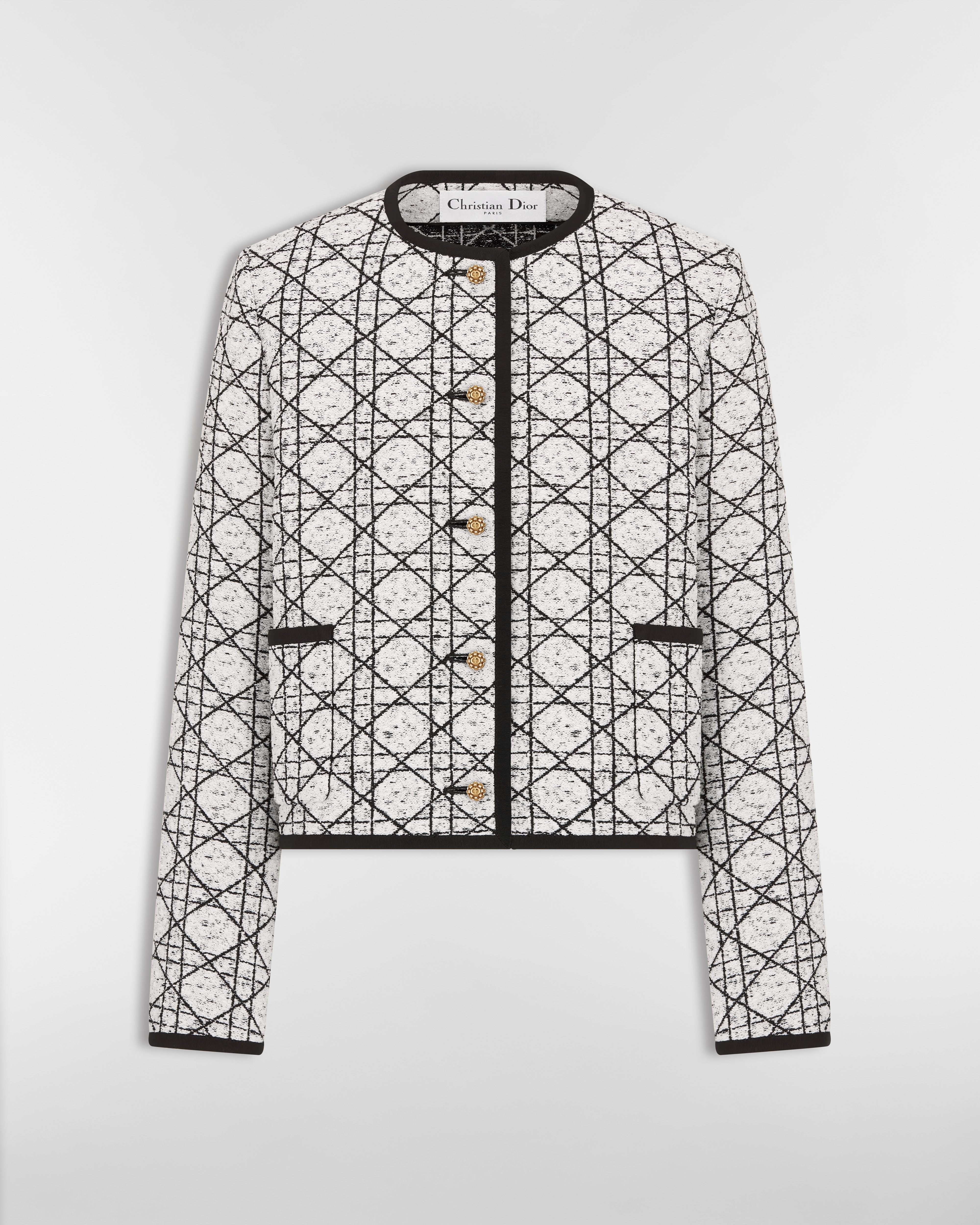 Macrocannage Jacke im Cropped-Stil Tweed aus Wollmischung in Schwarz und Weiß E01