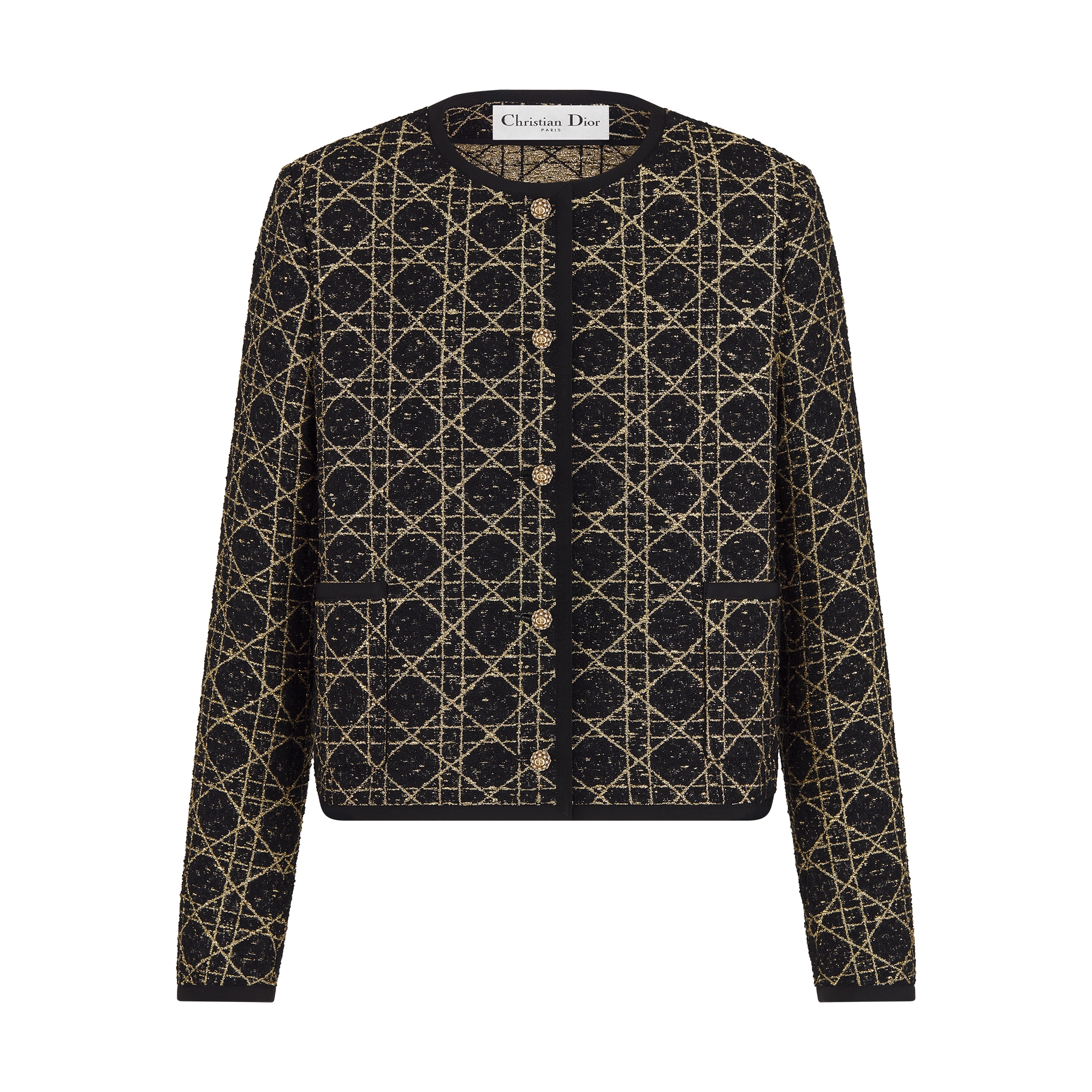 Macrocannage Cropped Jacket Black and Gold-Tone Wool-Blend Tweed