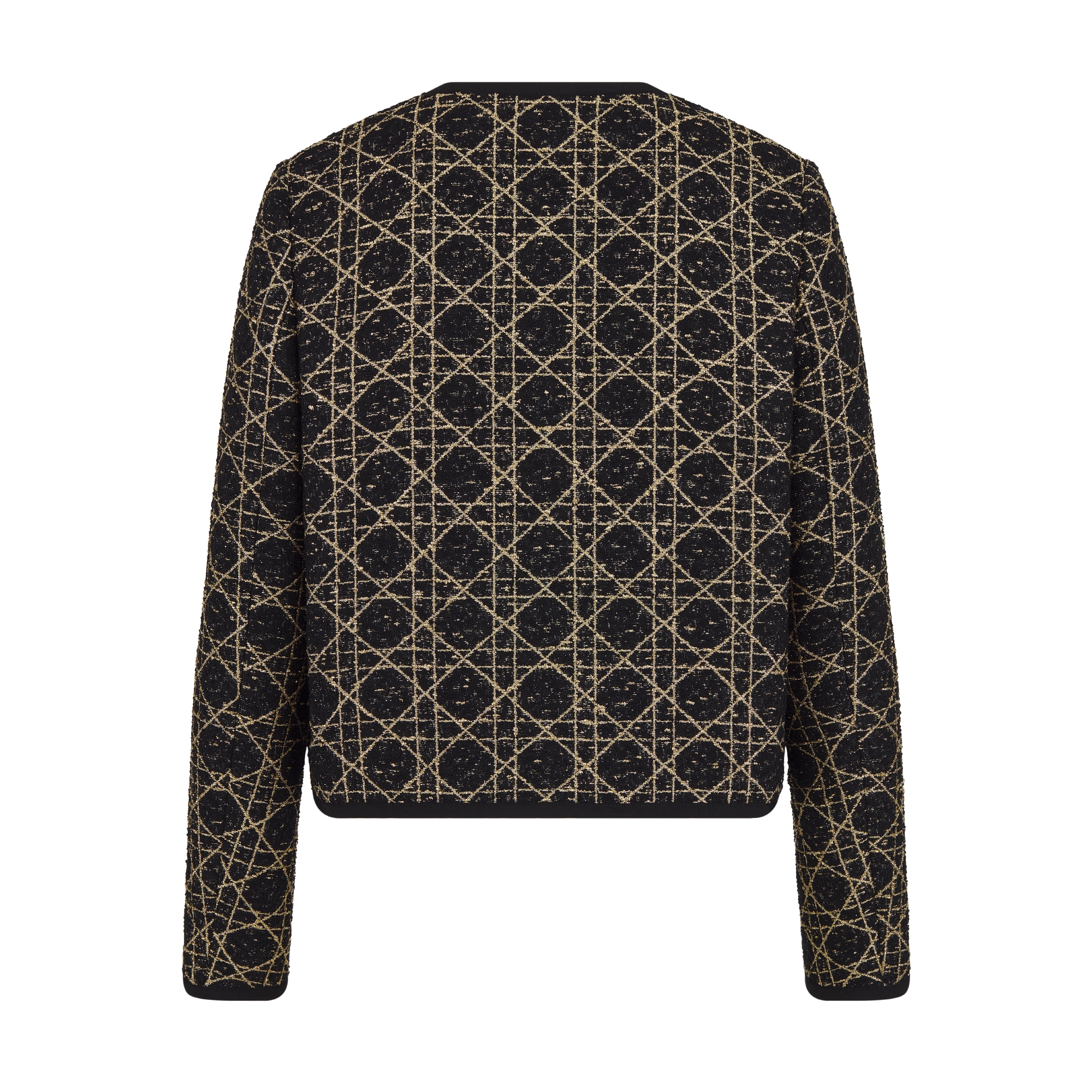 แจ็กเก็ตทรงครอปลาย Macrocannage ผ้าทวีดผสมผ้าวูลสีดำและโทนสีทอง E08