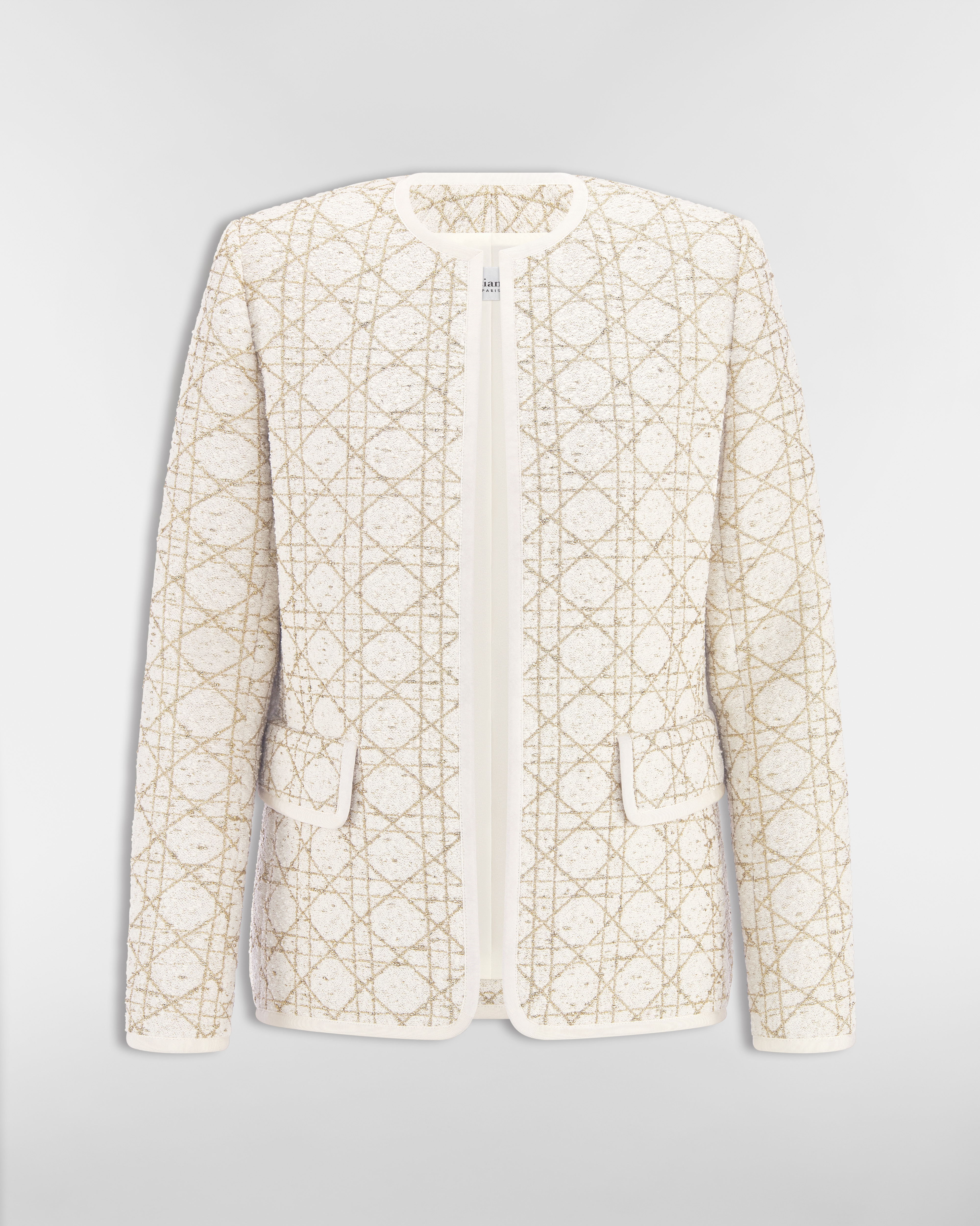 Macrocannage Jacke mit Regular Fit Tweed aus Wollmischung in Weiß und Goldfarbe E01