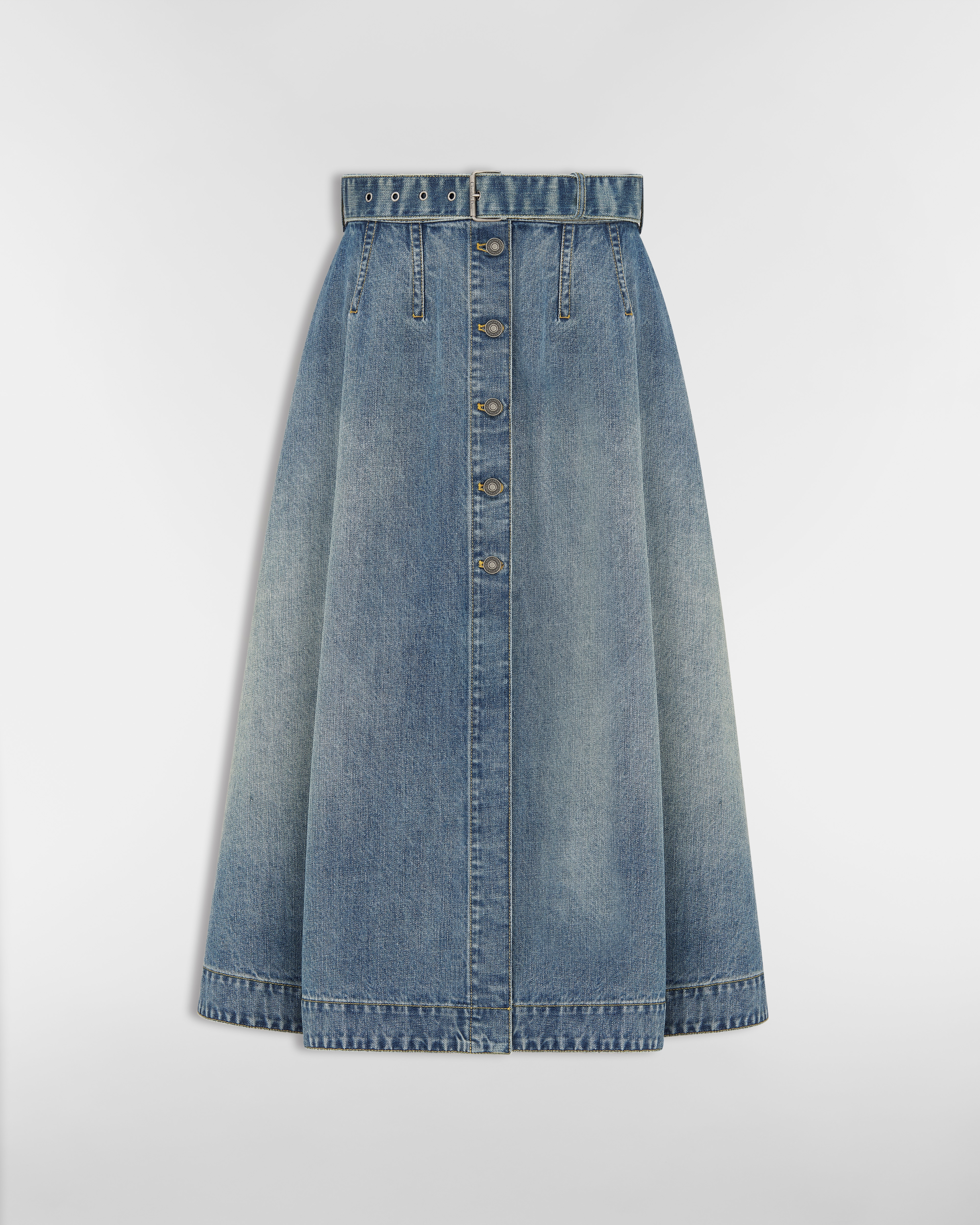Jupe mi-longue évasée Denim de coton délavé bleu à intérieur Dior Oblique E01