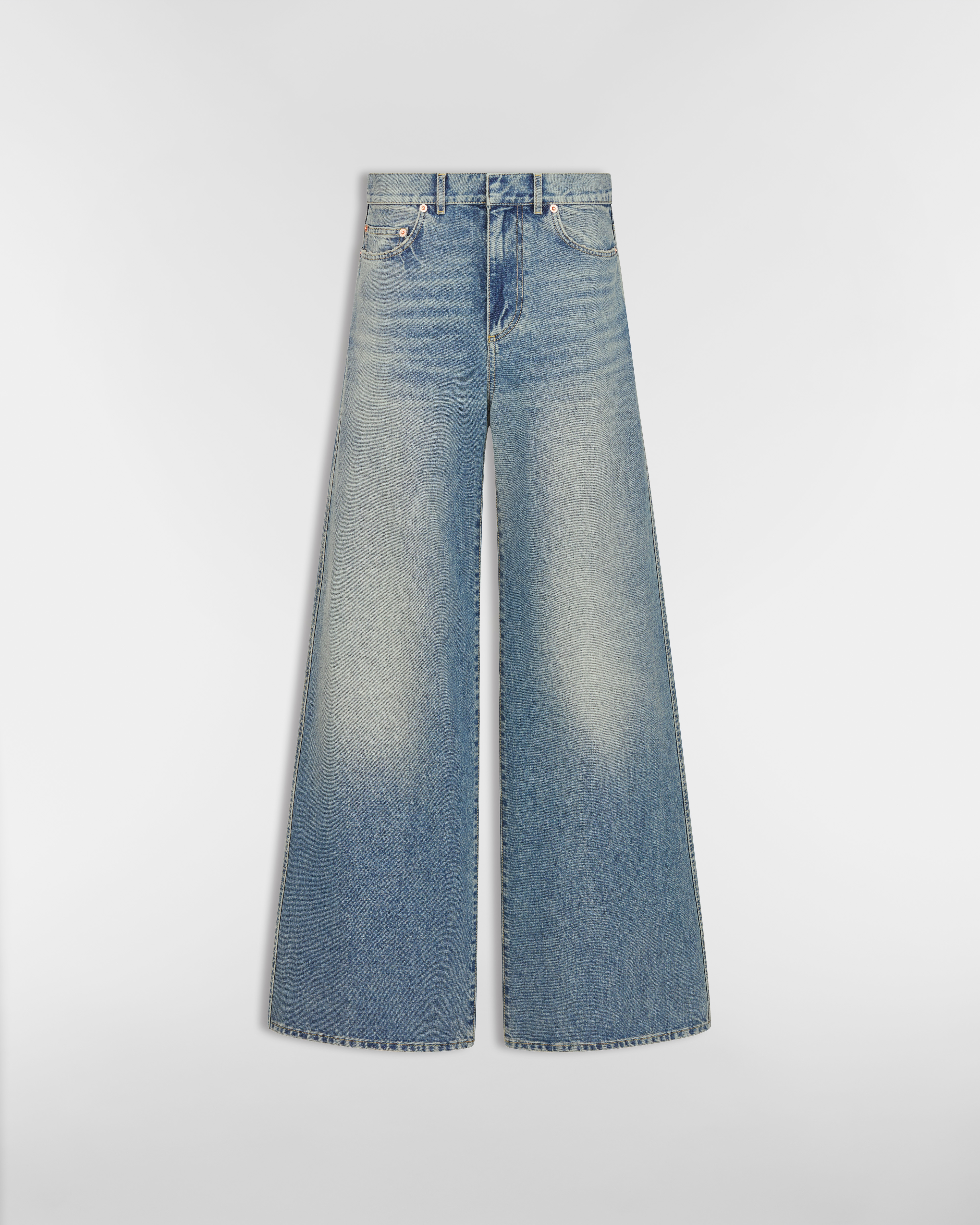 Ausgestellte Jeans Stonewashed Baumwolldenim in Blau und Dior Oblique Innenseite E01