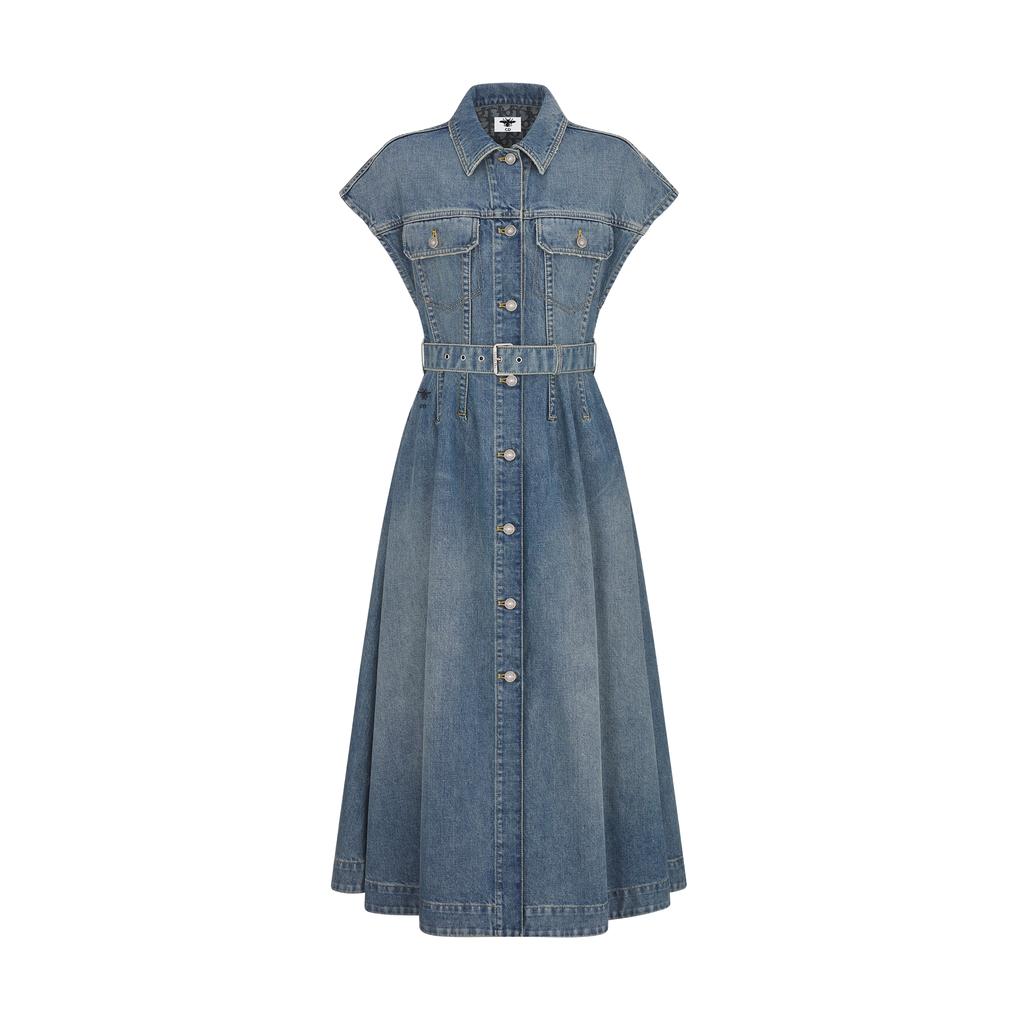 Mid-Length Flared Dress Blue Stonewashed Cotton Denim with Dior Oblique Interior E01