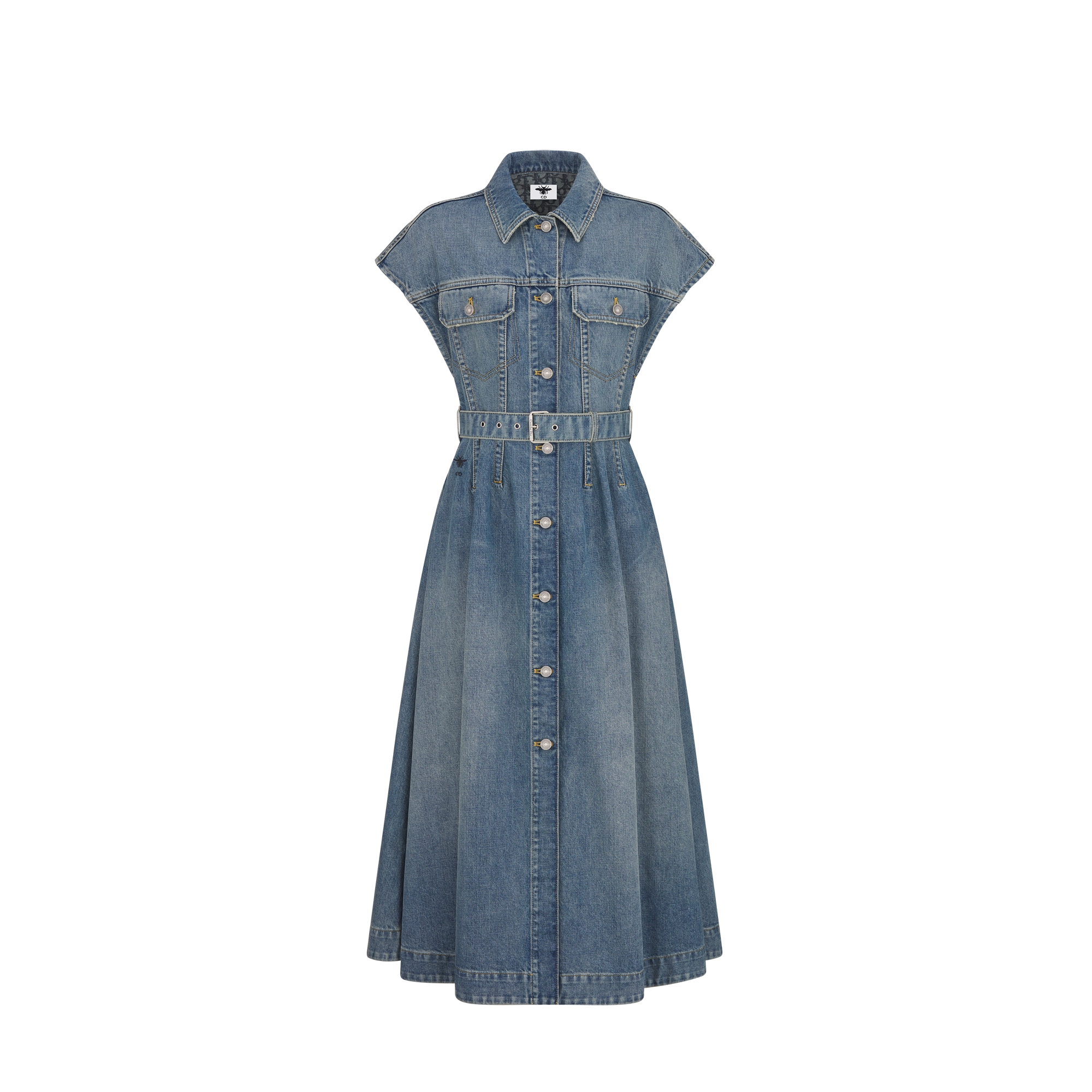 Mid-Length Flared Dress Blue Stonewashed Cotton Denim with Dior Oblique Interior E01